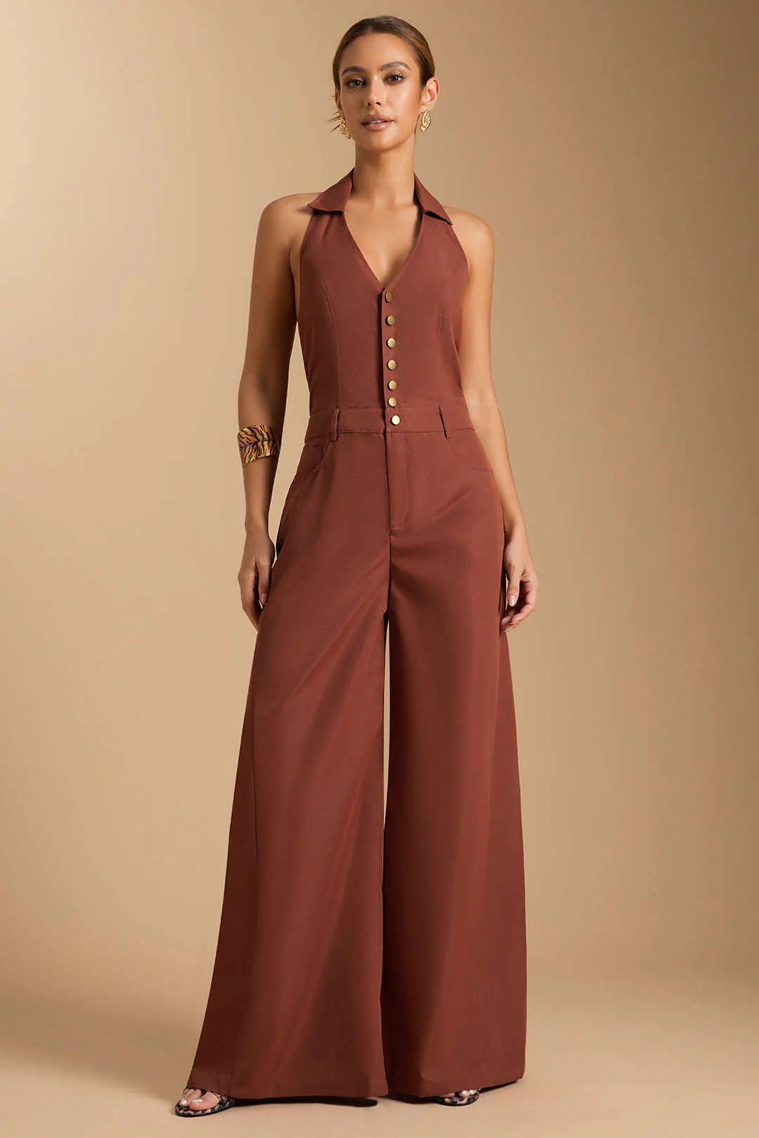 Halter V-Neck Button Smocked Pocket Sleeveless Jumpsuit - Weenar