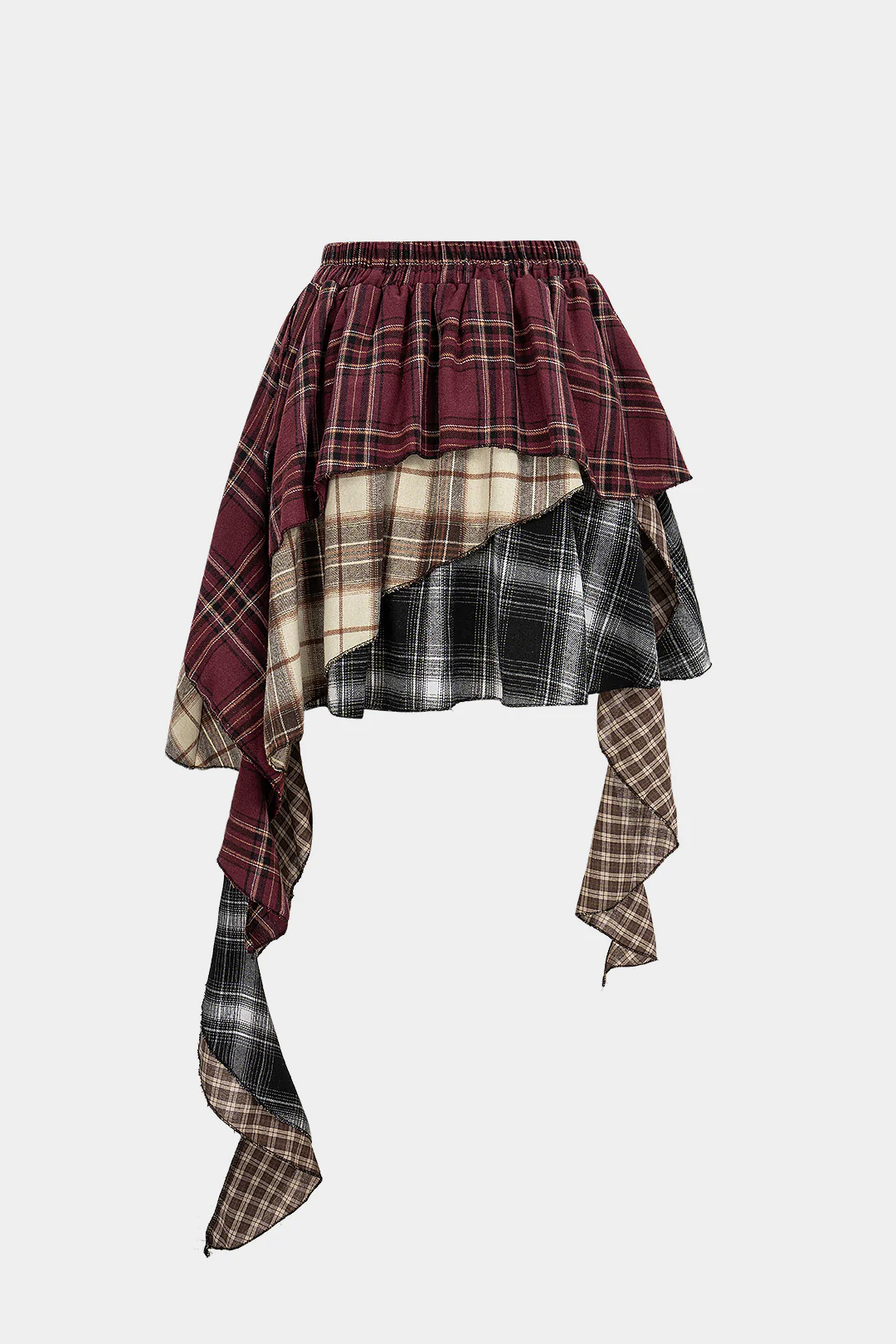 Contrast Plaid Print Asymmetrical Layer Skirt - Weenar