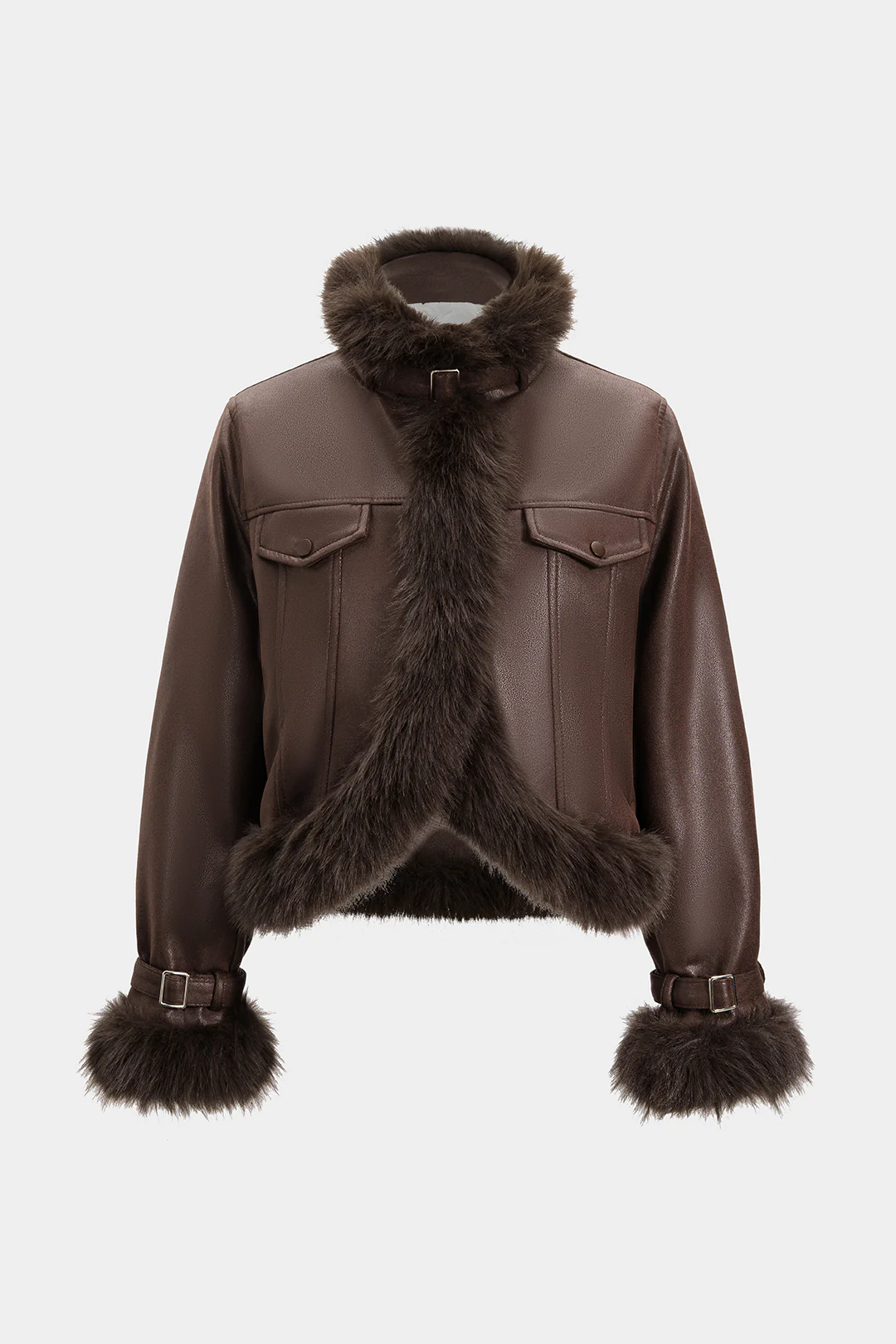 Faux Leather Fur Patchwork Stand Collar Jacket - Weenar