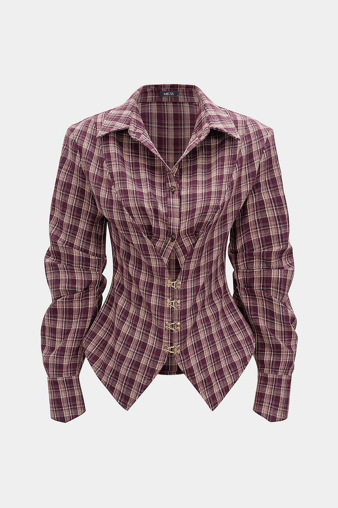 Plaid Print Ruched Waist-Cinching Long-Sleeve Shirt - Weenar