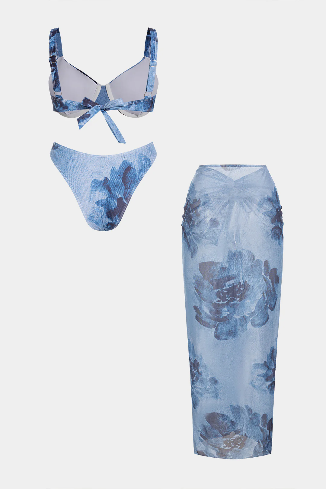 Floral Print Mesh Halter Ruched Bikini Set - Weenar
