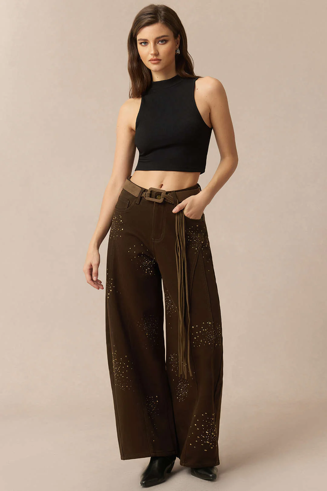 Denim Rhinestone Cecor Blted Wide Leg Jeans - Weenar