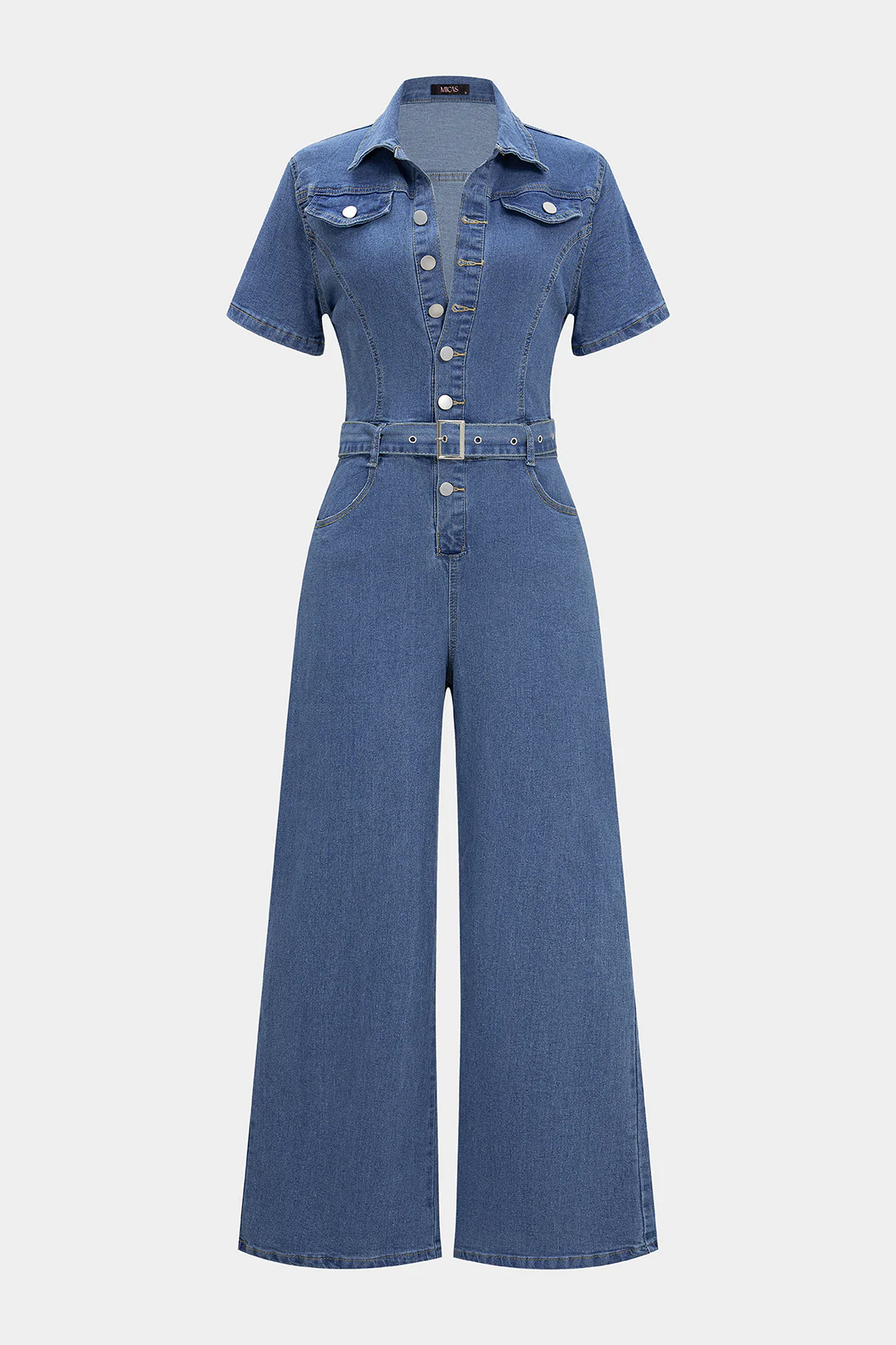 Denim Lapel Short Sleeve Belted Pocket Wide Leg Jumpsuit - Weenar