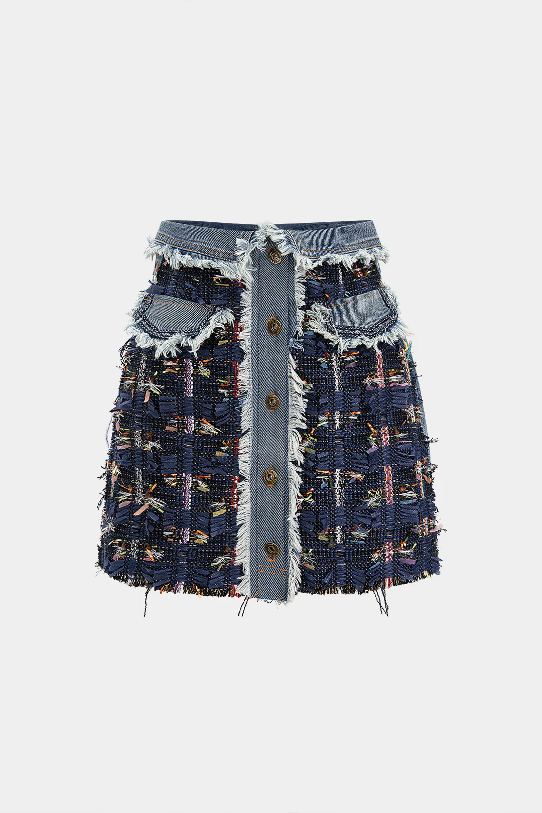 Denim Jacquard Patchwork Frayed Pocket Mini Skirt - Weenar