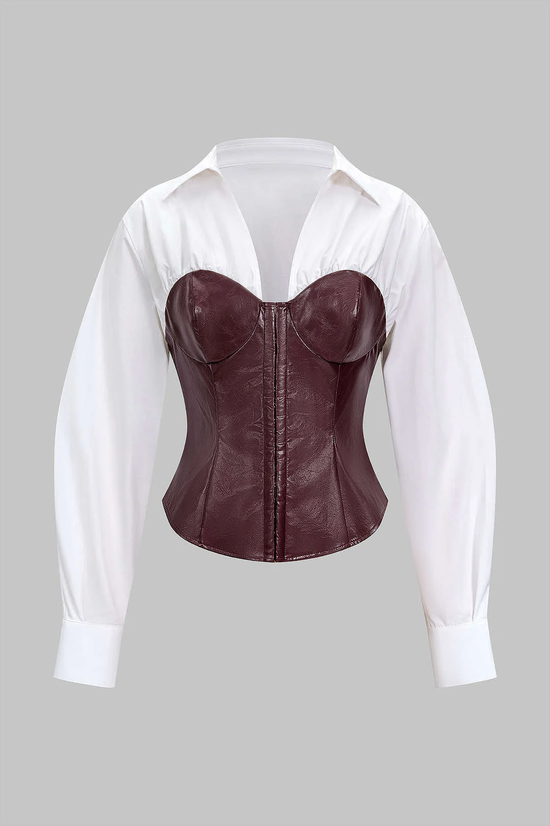 Faux Leather Patchwork Hook And Eye Waist-Cinching Long-Sleeve Shirt - Weenar