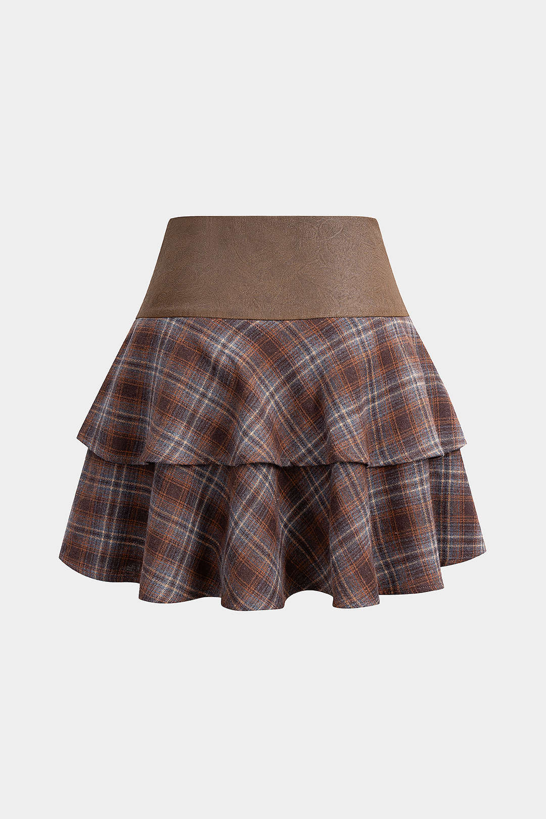 Plaid Print Faux Leather Patchwork Layered Ruffle Hem Skirt - Weenar