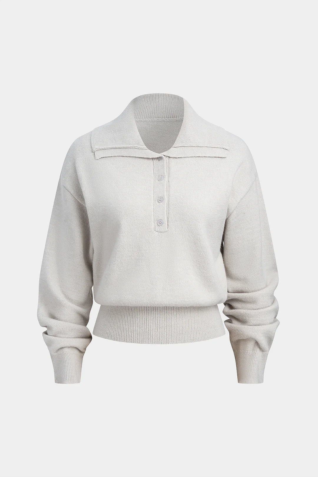 Knit Button Polo Collar Long-Sleeve Top - Weenar