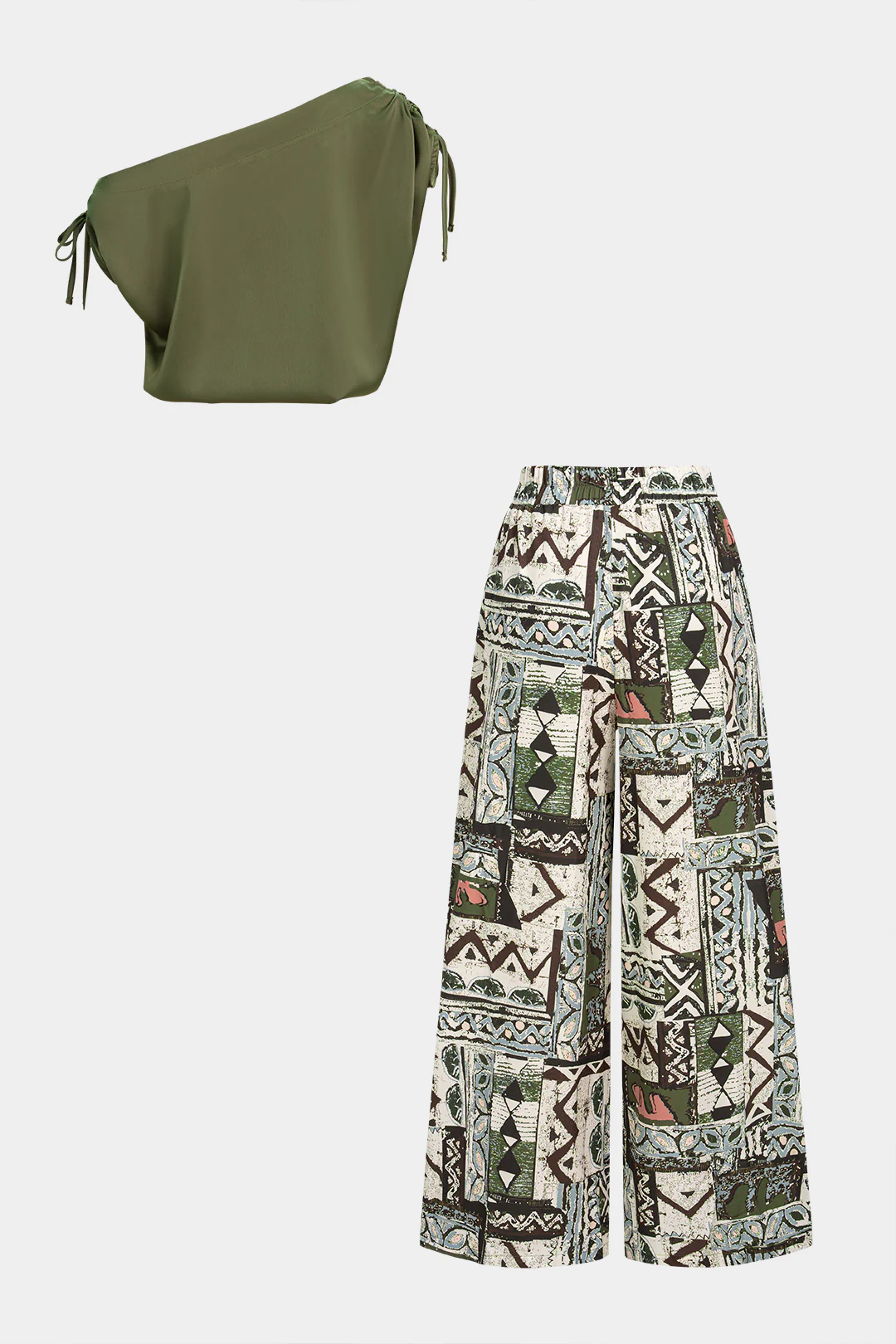 Satin One Shoulder Tie-Up Sleeveless Top And Geometric Print Wide-Leg Pants Set - Weenar