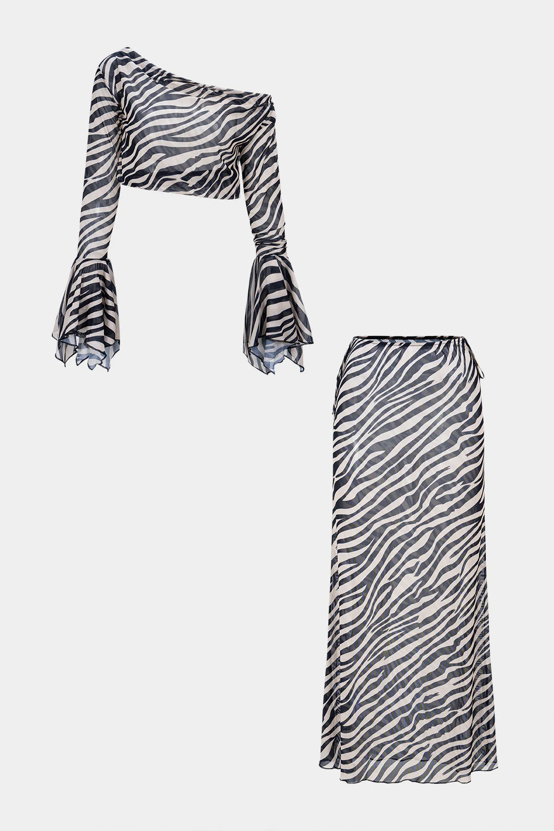 Mesh Zebra Stripe Print Single Shoulder Bell Sleeve Top And Skirt Set - Weenar