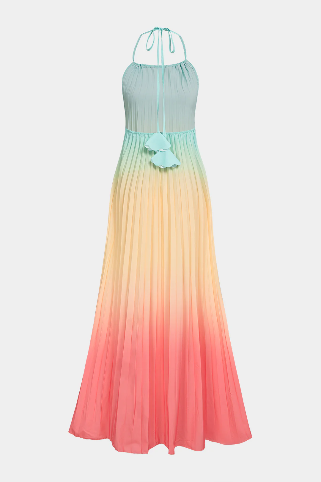 Ombre Print Halter Tie Back Backless Pleated Sleeveless Maxi Dress - Weenar