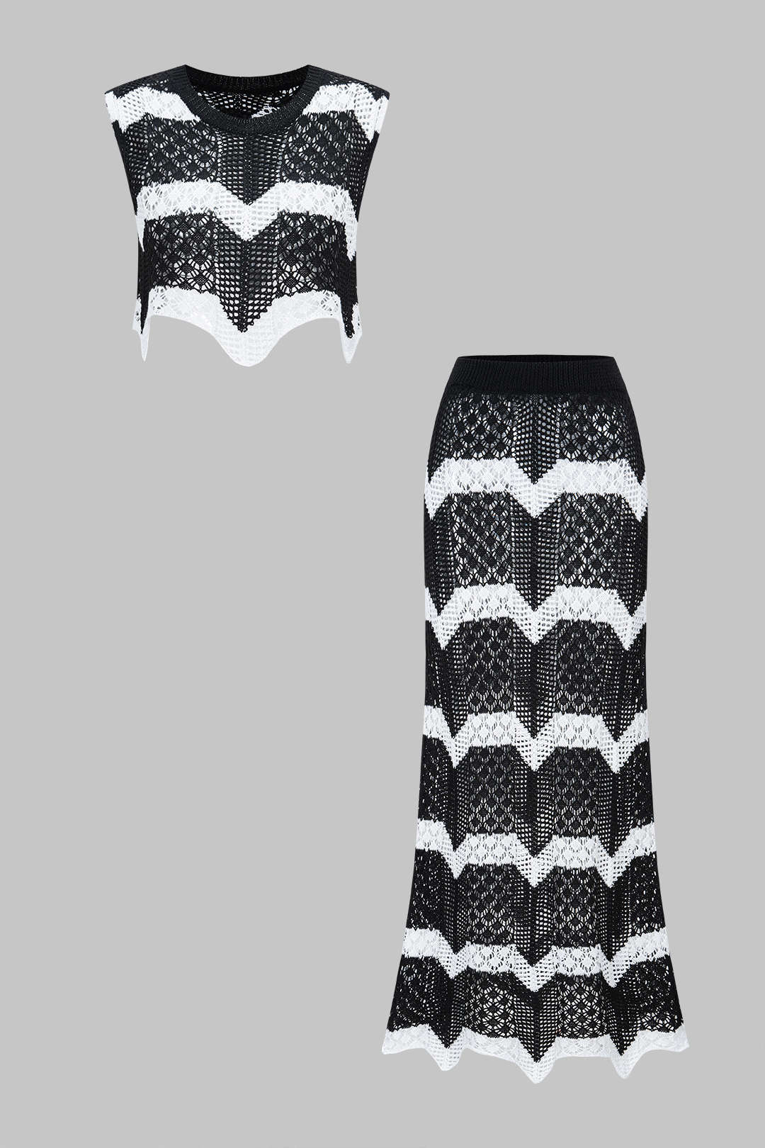 Knit Contrast Hollow Out Tank Top And Skirt Set - Weenar