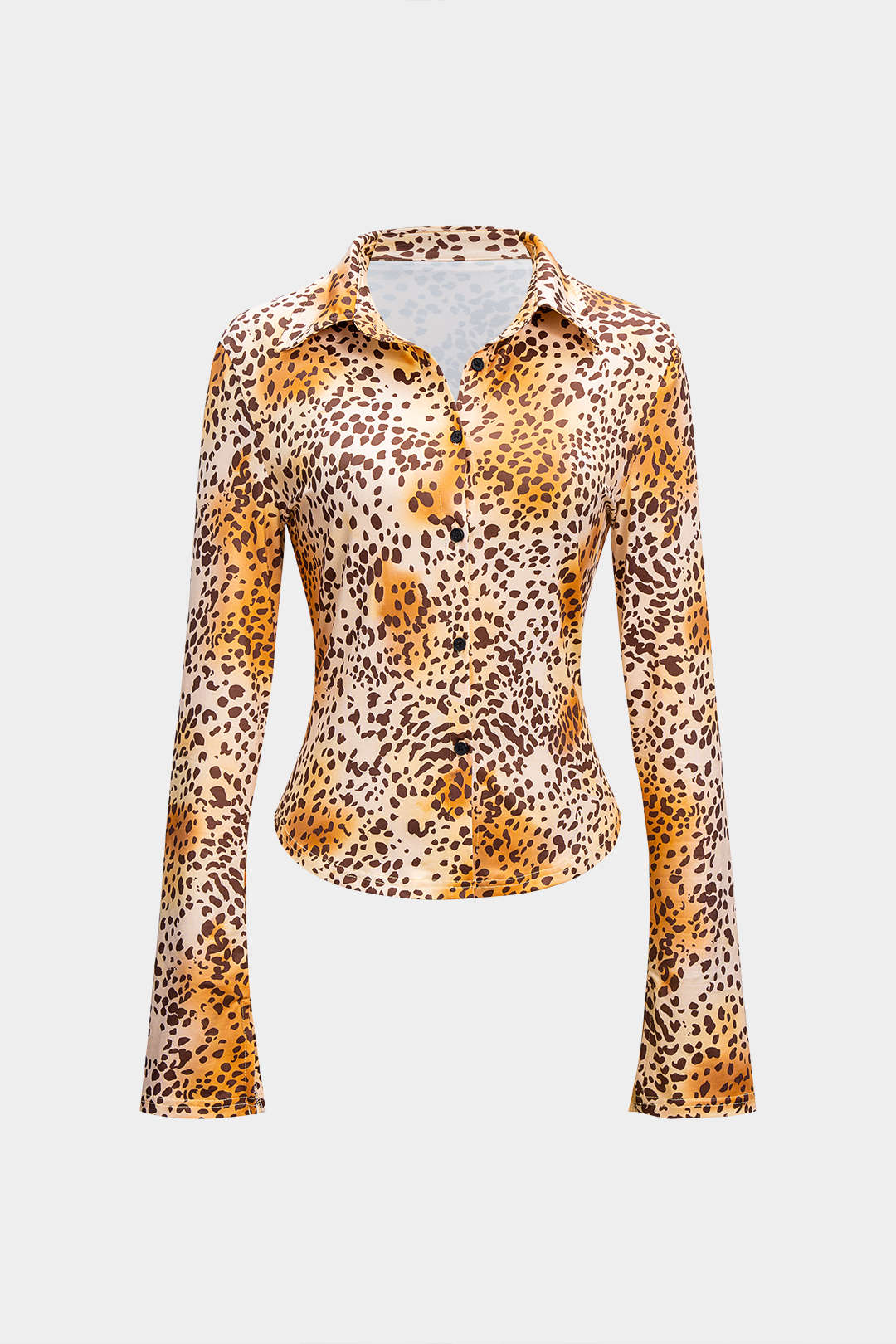 Leopard Print Lapel Long-Sleeve Top - Weenar