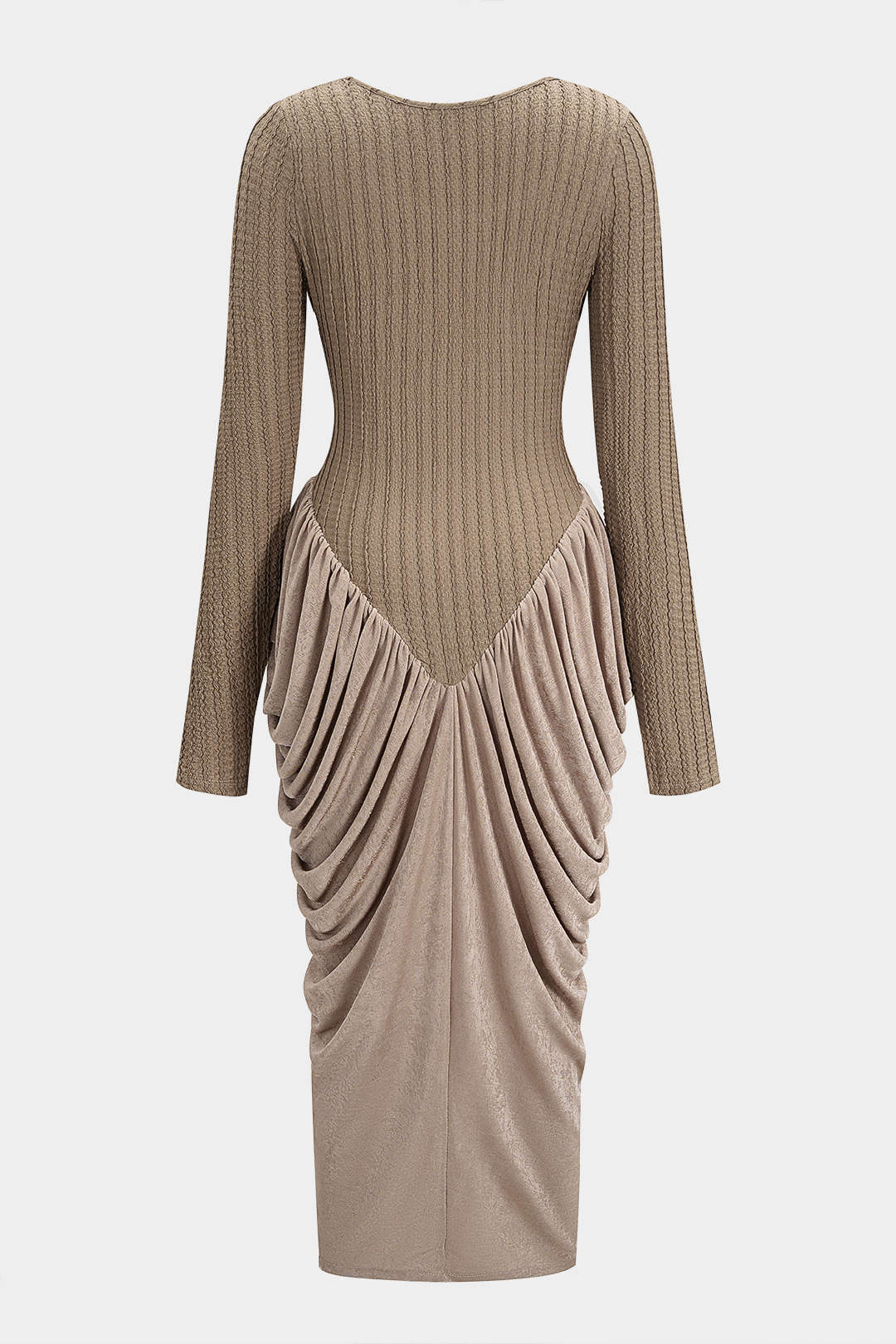 Round Neck Patchwork Ruched Long Sleeve Maxi Dress - Weenar