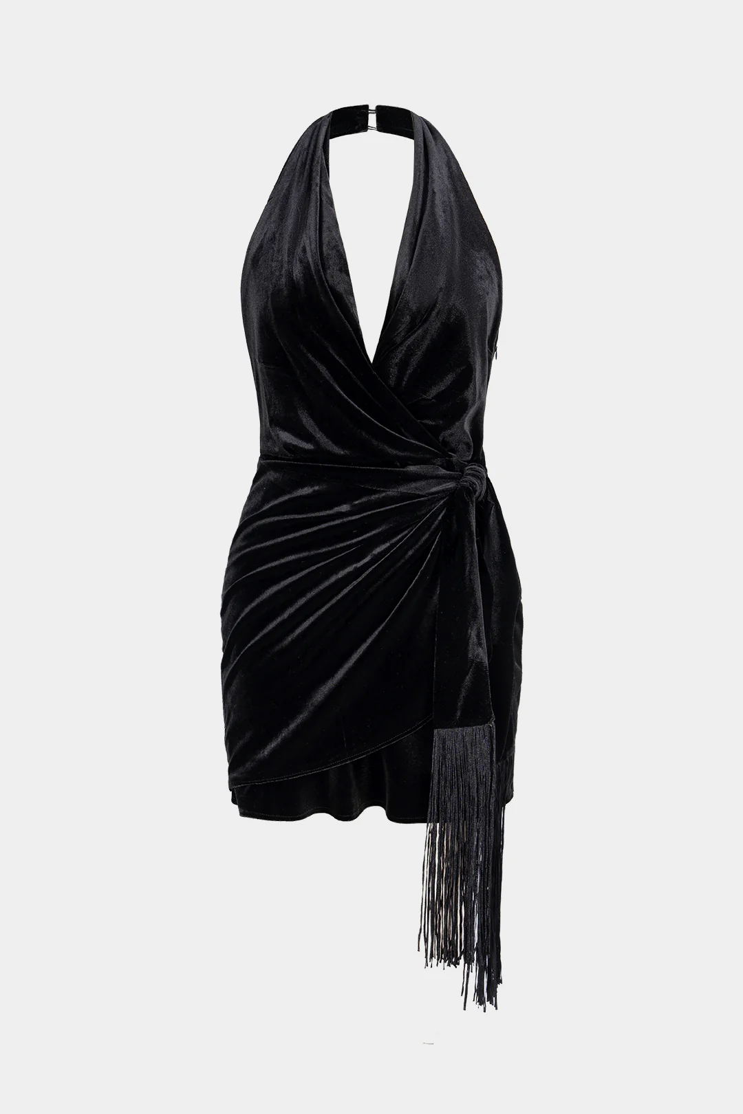 Velvet Halter Neck Fringe Backless Sleeveless Mini Dress - Weenar