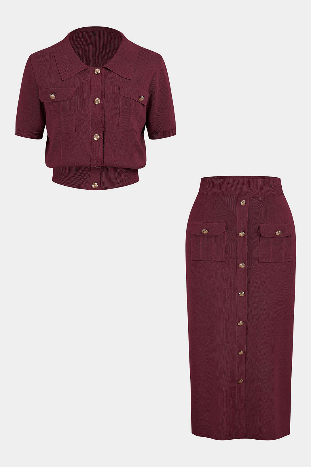 Plus Size Knit Button Short-Sleeve Cardigan And Pocket Skirt Set - Weenar