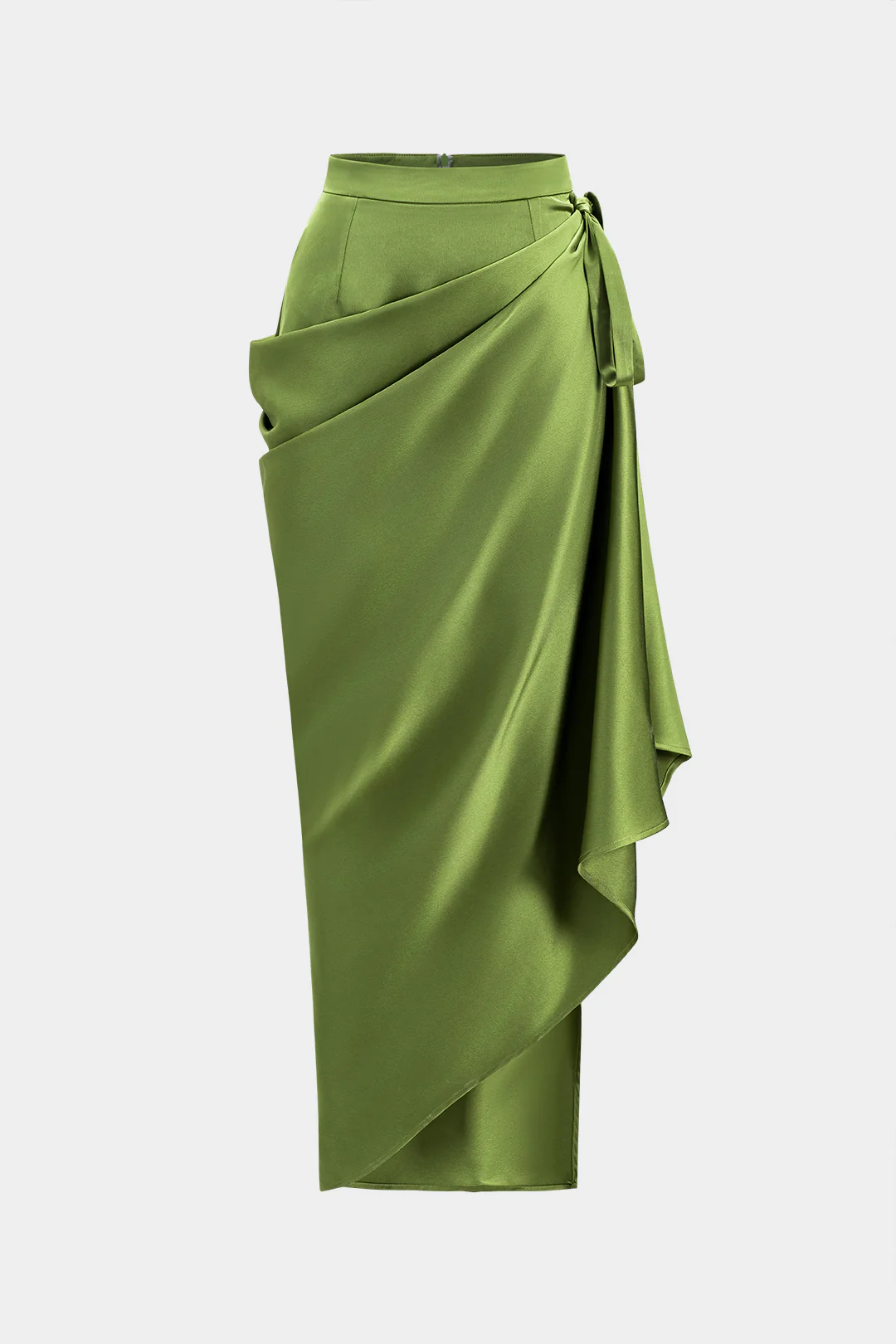 Satin Asymmetrical Ruched Tie Knot Zipper Skirt - Weenar