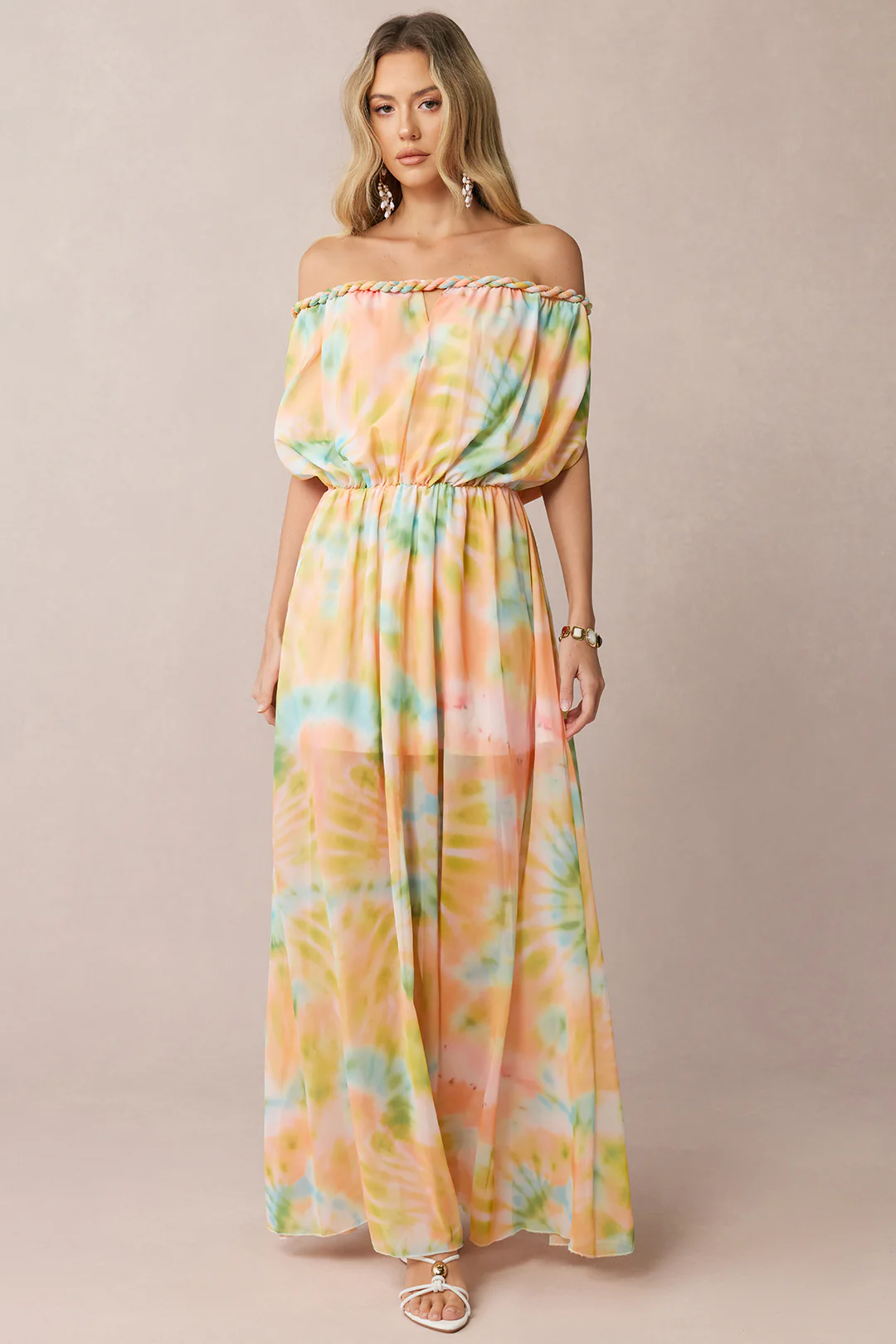 Tie Dye Print Chiffon Off Shoulder Twist Knot Ruched Sleeveless Maxi Dress - Weenar