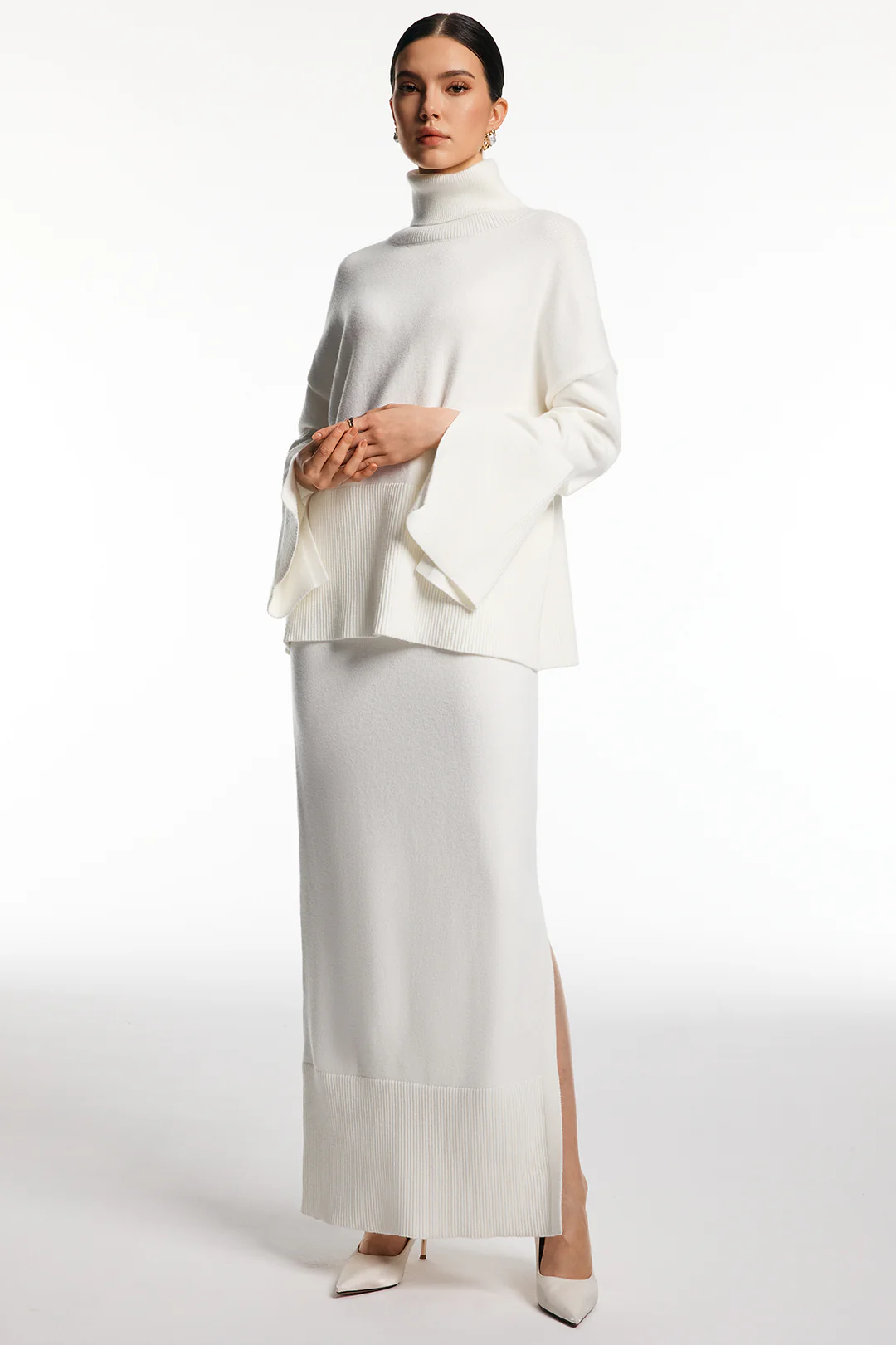 Knit Turtleneck Long-Sleeve Top And Side Split Skirt Set - Weenar