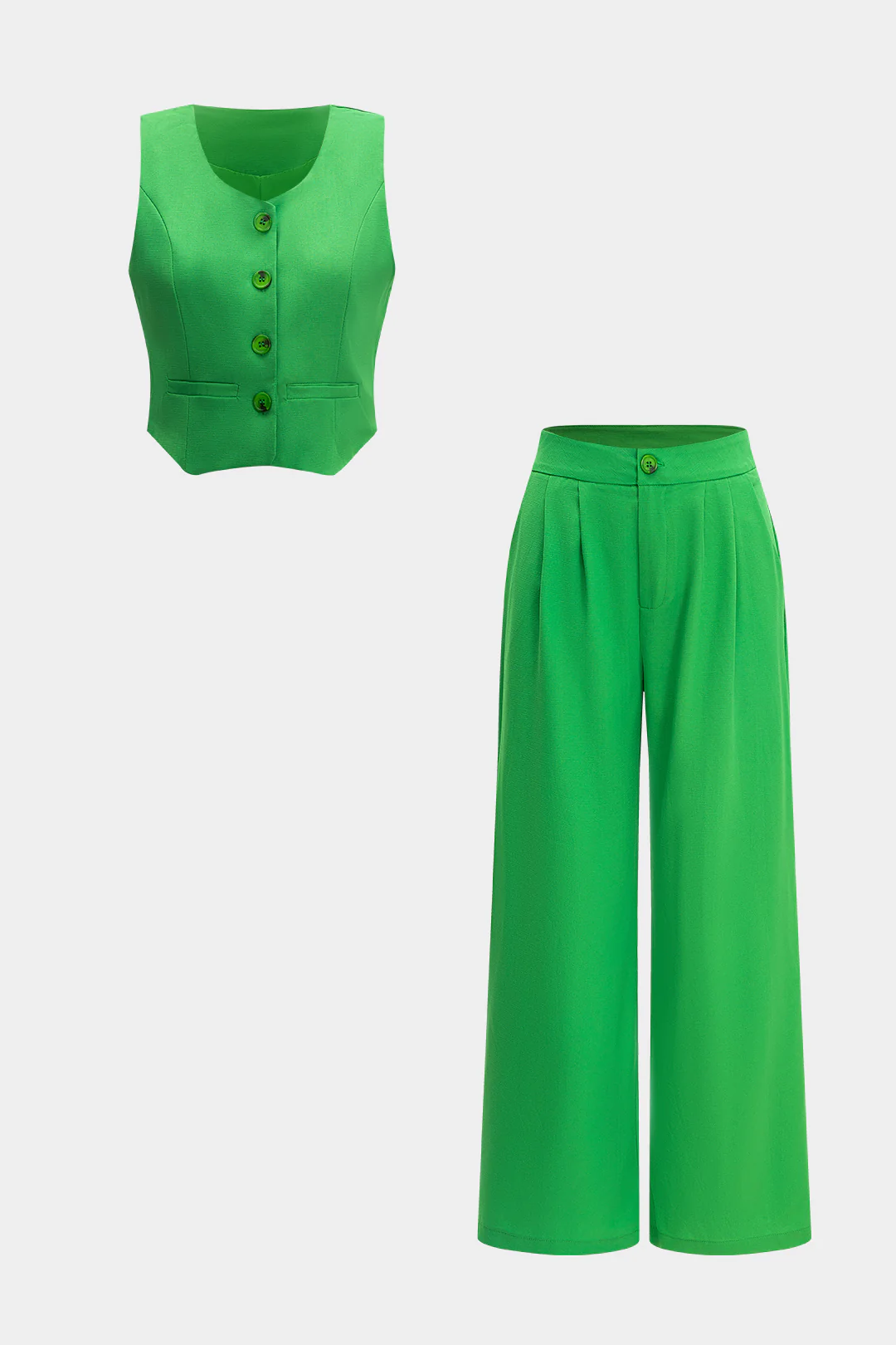 Solid Button Tank Top And Pleated Long Trousers Set - Weenar