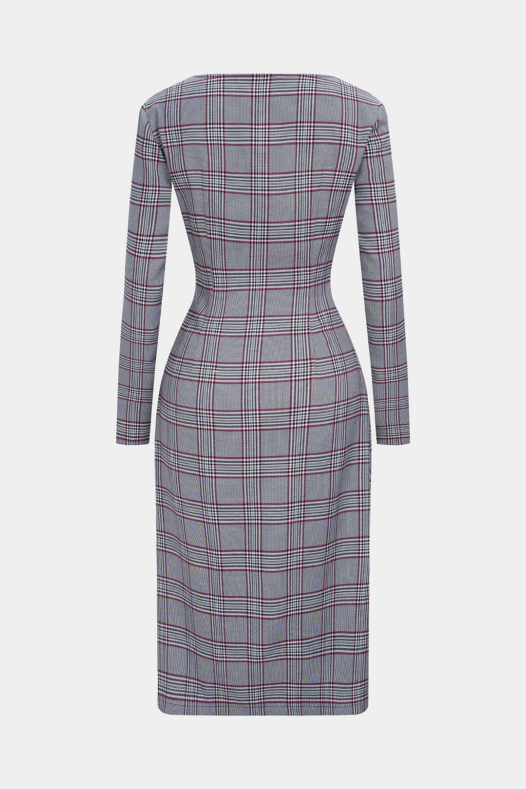 Plaid Print V-Neck Asymmetrical Ruched Long Sleeve Midi Dress - Weenar
