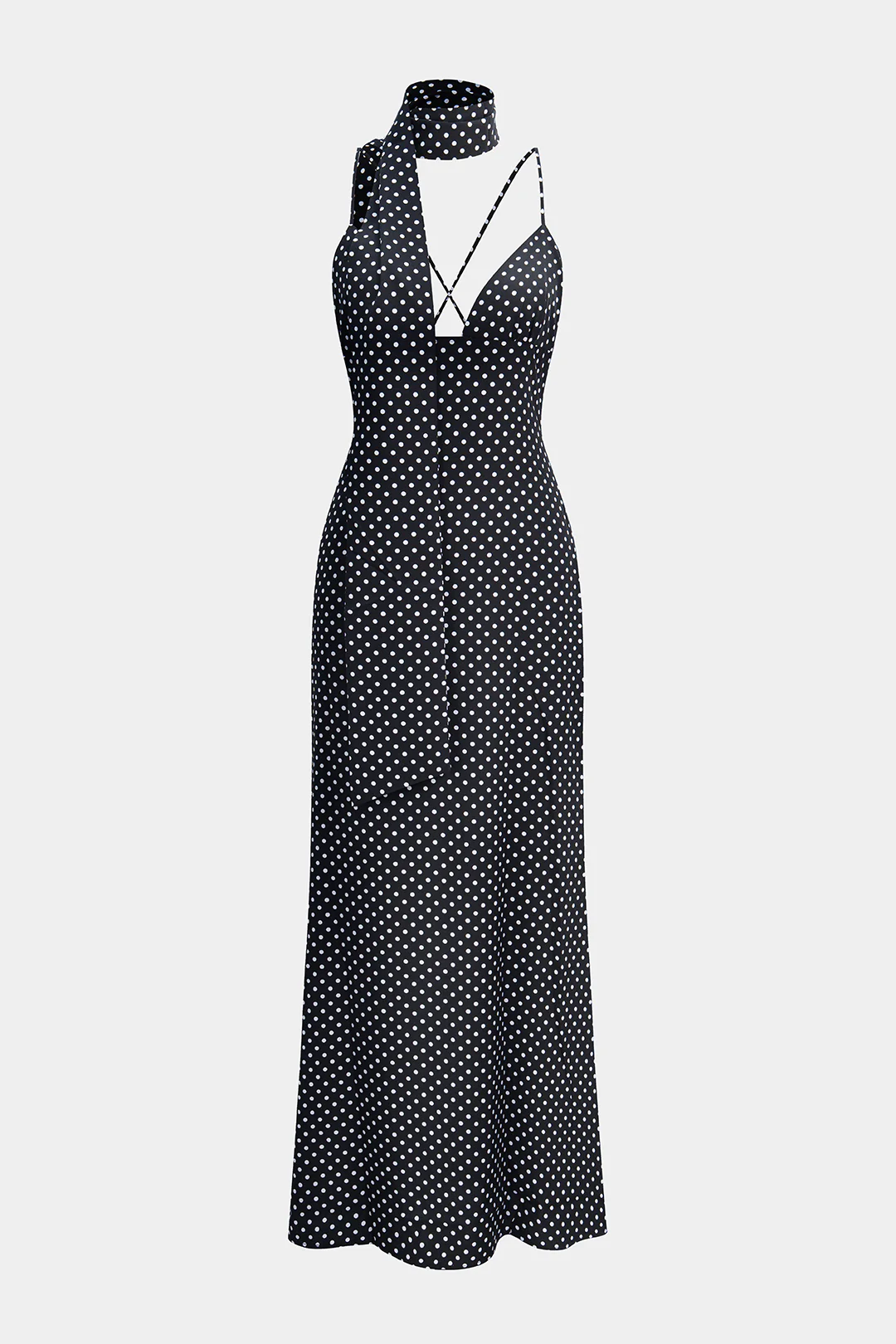 Polka Dots Print Crossed Tie Up Backless Slip Sleeveless Maxi Dress With Scarf - Weenar
