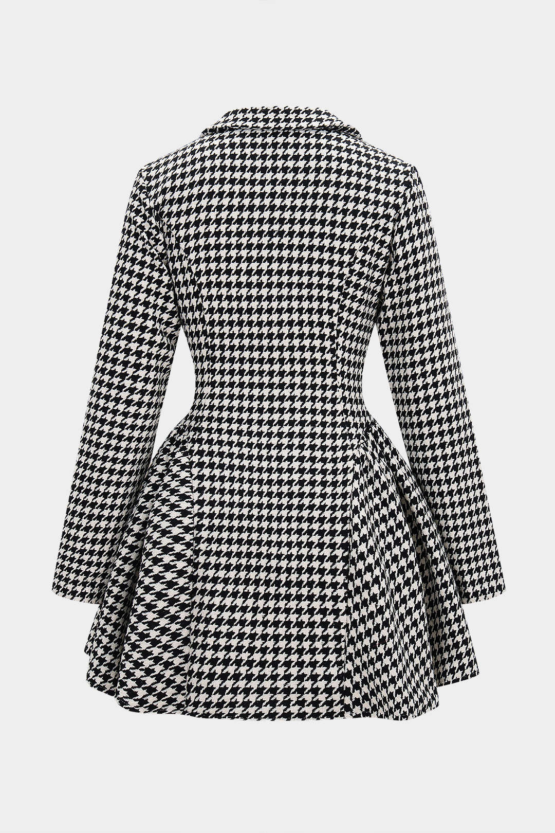 Houndstooth Print Button Ruched V-Neck Long Sleeve Mini Dress - Weenar