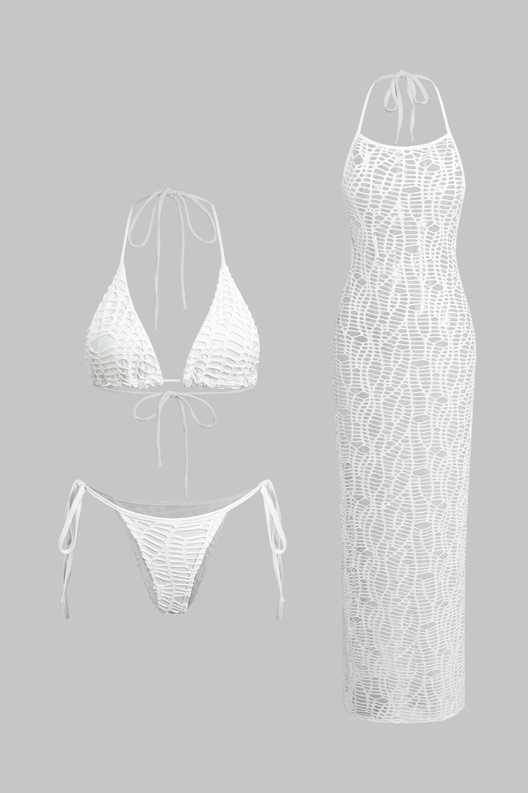 Textured Halter Neck Bikini And Open Knit Cover Up Set - Weenar