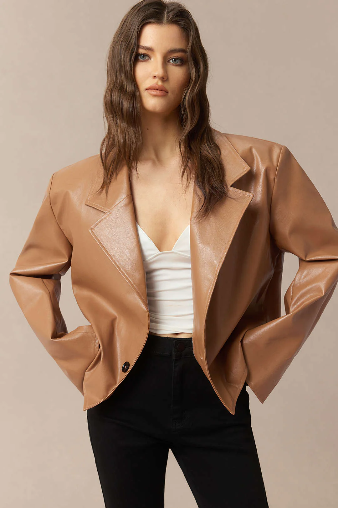Faux Leather Notched Lapel Jacket - Weenar