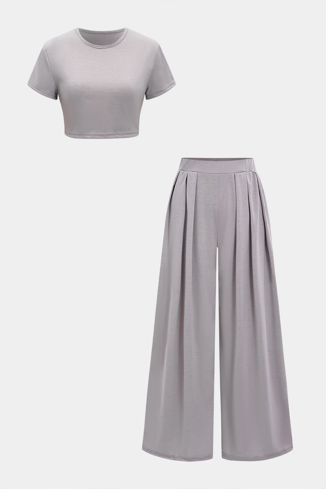 Solid Round Neck Cropped Top And Wide Leg Pants Set - Weenar