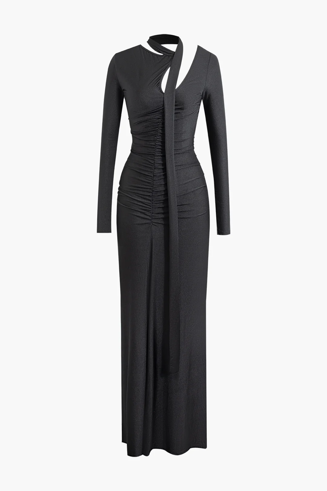 Ruched Asymmetrical Cut Out Long Sleeve Maxi Dress With Scarf - Weenar