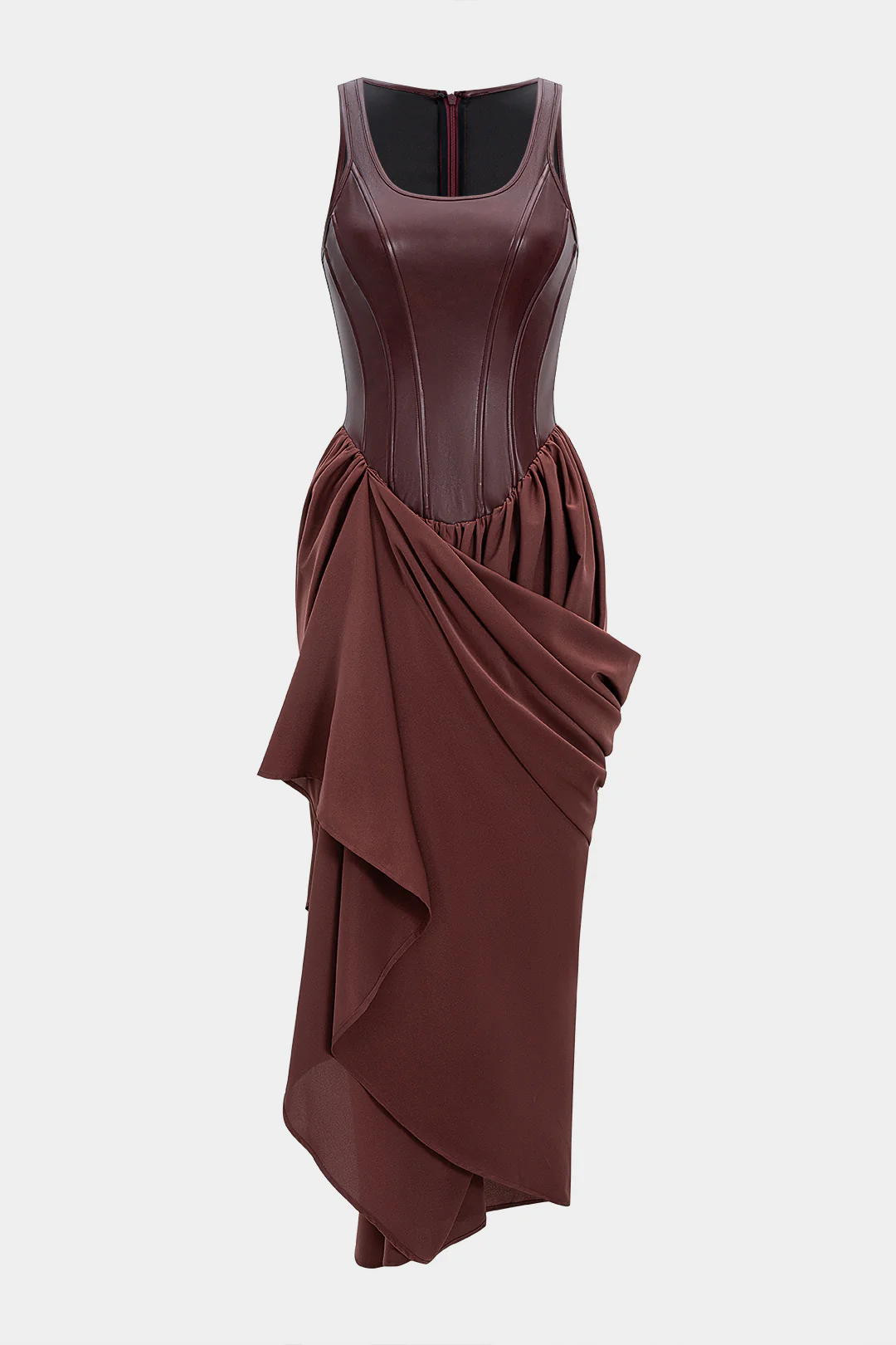 Faux Leather Patchwork Ruched Asymmetrical Sleeveless Maxi Dress - Weenar
