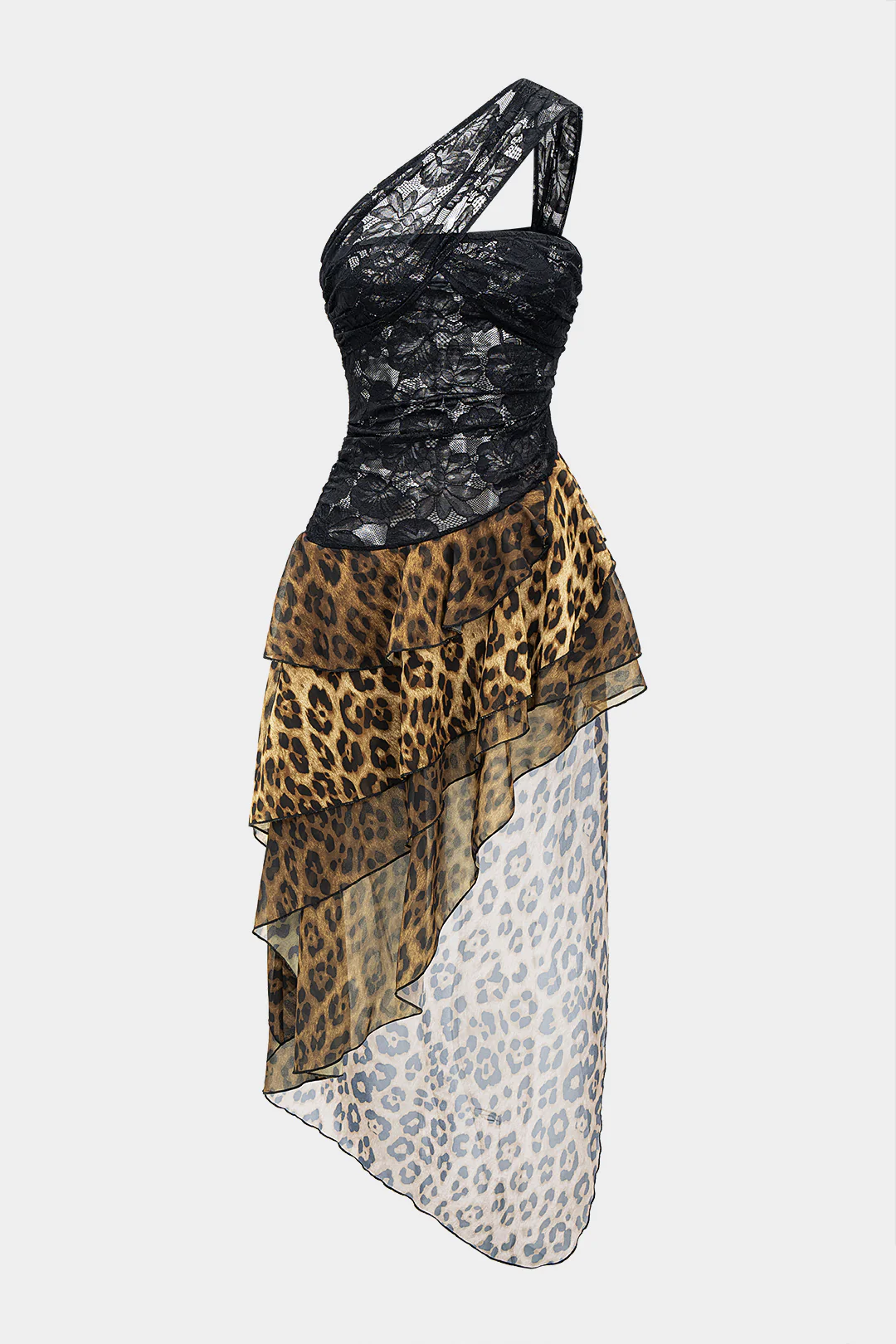 Leopard Print Chiffon Lace Sheer One Shoulder Ruffle Hem Sleeveless Midi Dress - Weenar