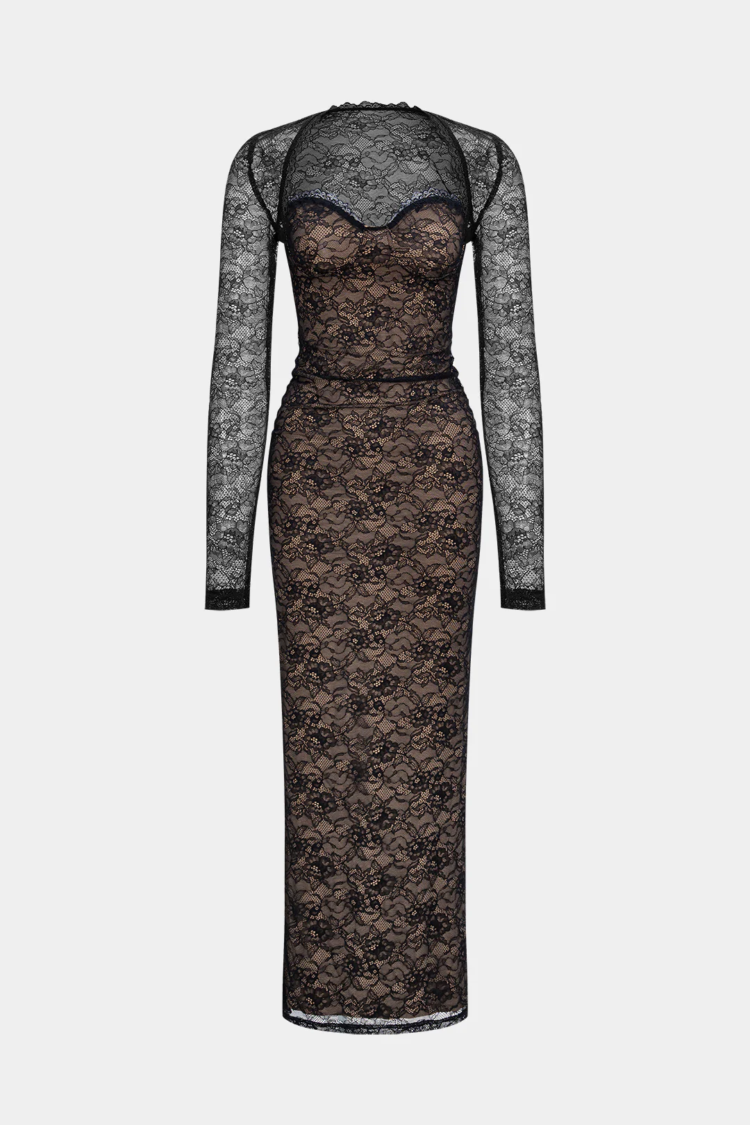 Lace Patchwork Long Sleeve Cardigan And Strapless Dress Set - Weenar