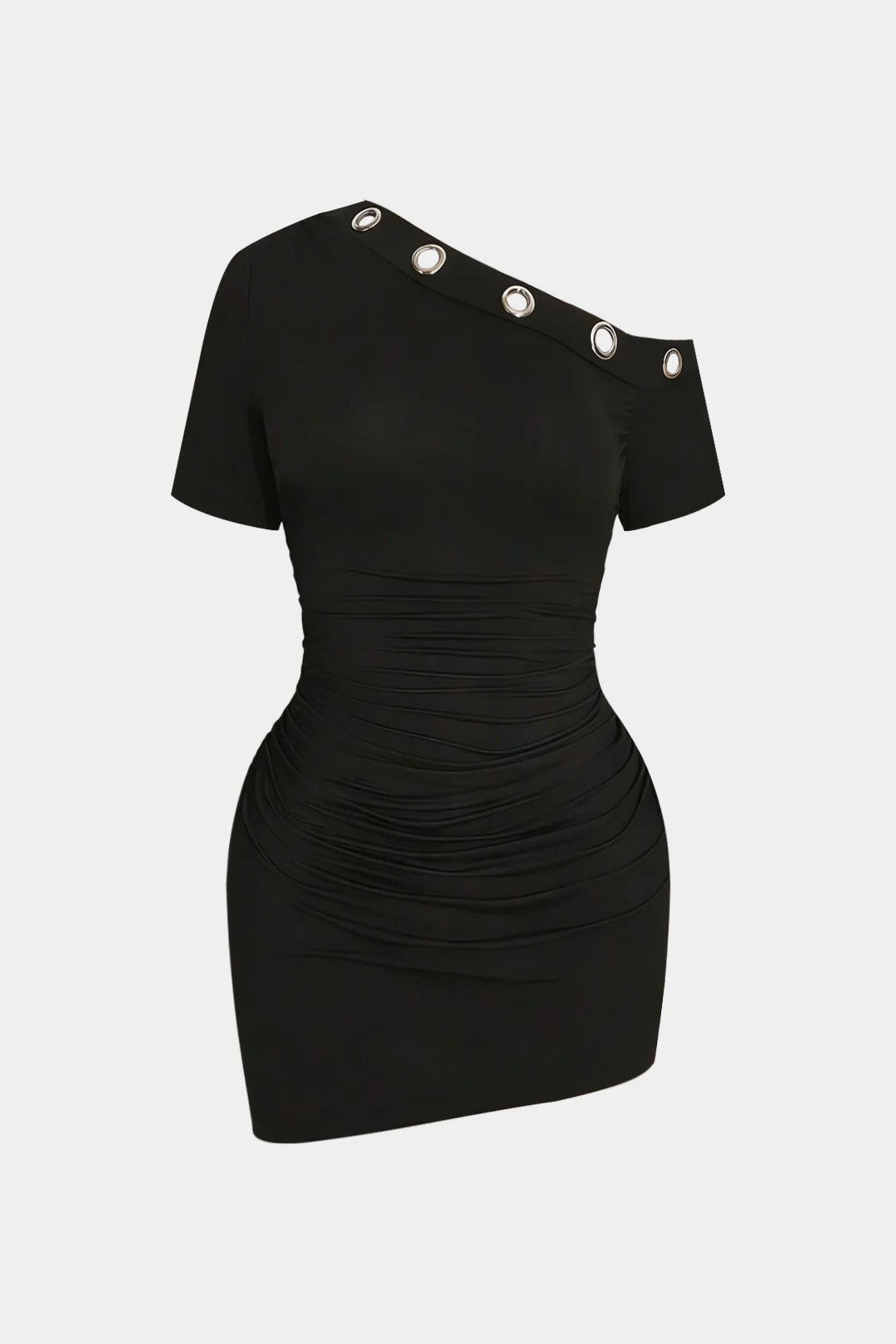 Plus Size Metallic Eyelet One Shoulder Short Sleeve Mini Dress - Weenar
