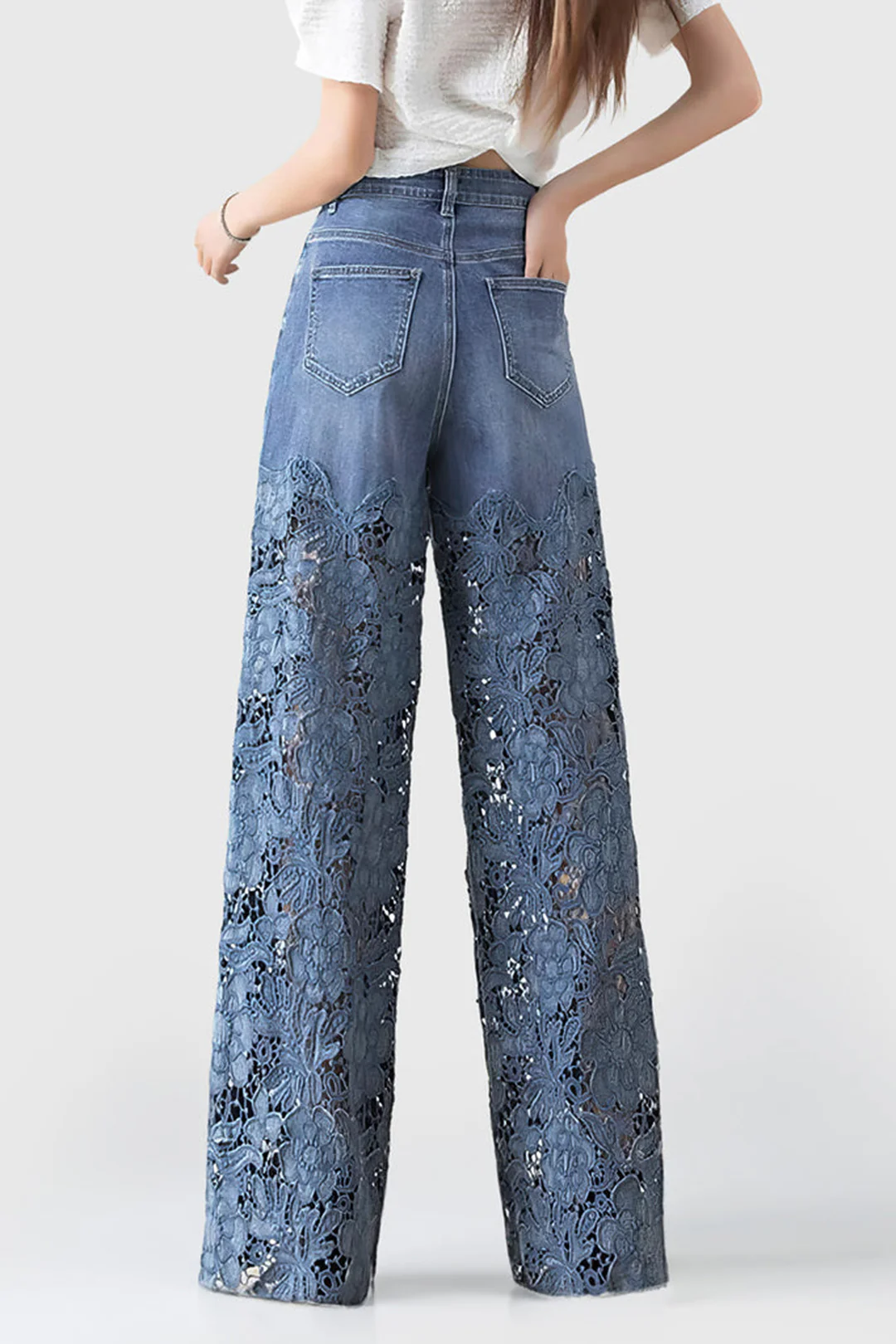 Lace Cut Out Patchwork Wide Leg Jeans - Weenar