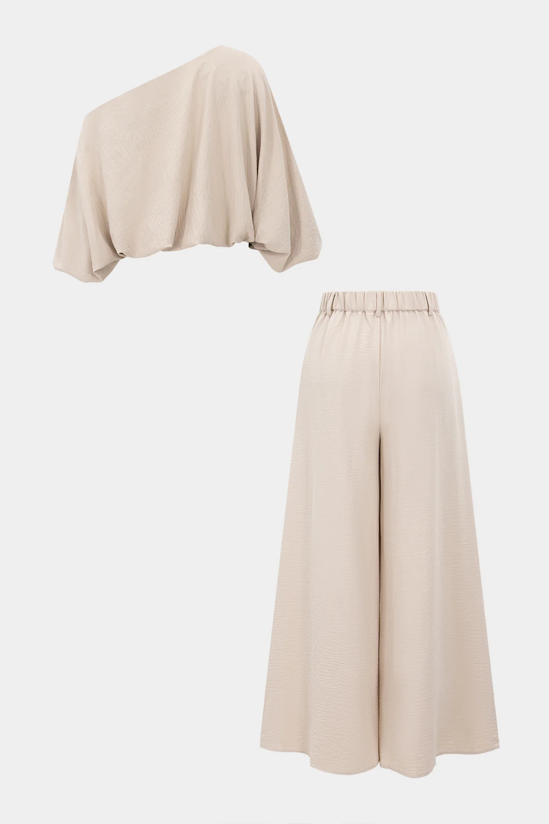 Asymmetrical Neck Ruched Lantern Sleeve Top And Wide Leg Trousers Set - Weenar