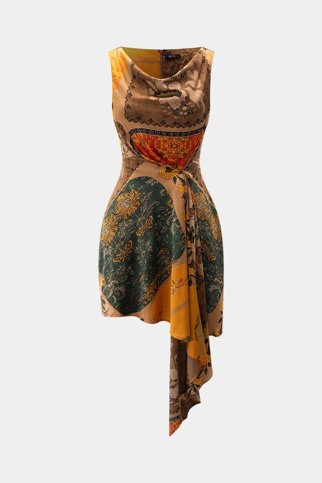 Floral Print Tie Front Zipper Sleeveless Mini Dress - Weenar