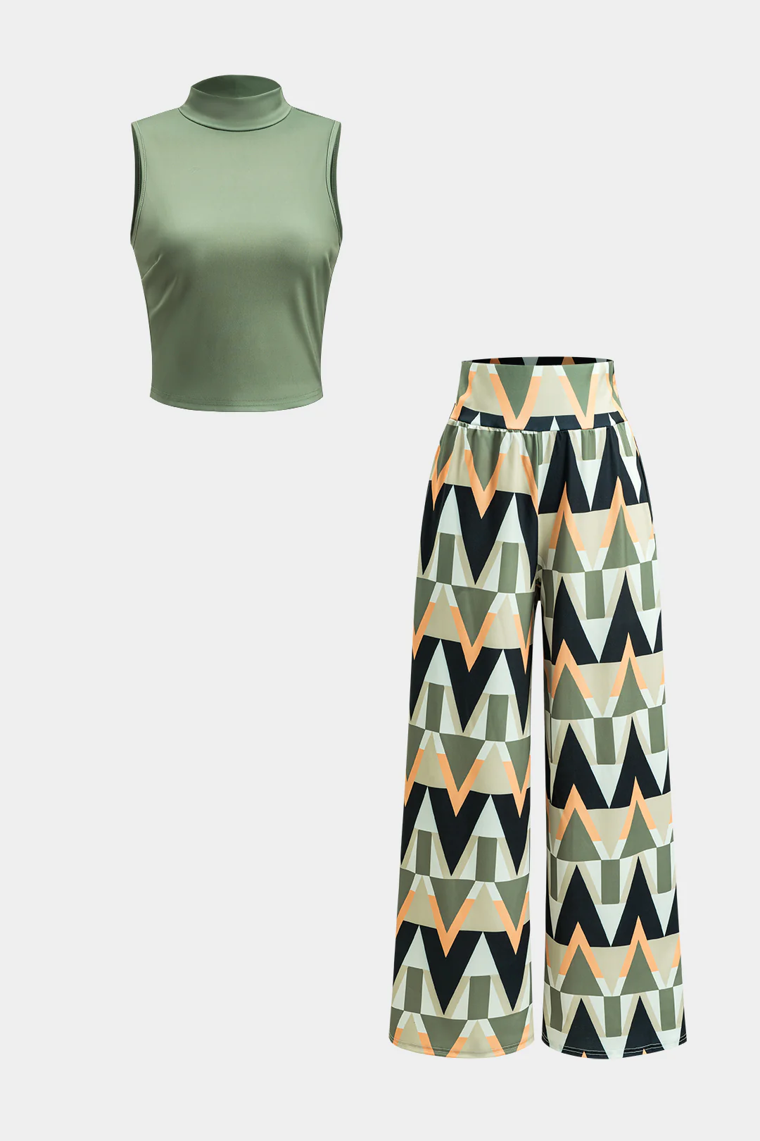 Sleeveless Tank Top And Geometric Pattern Trousers Set - Weenar