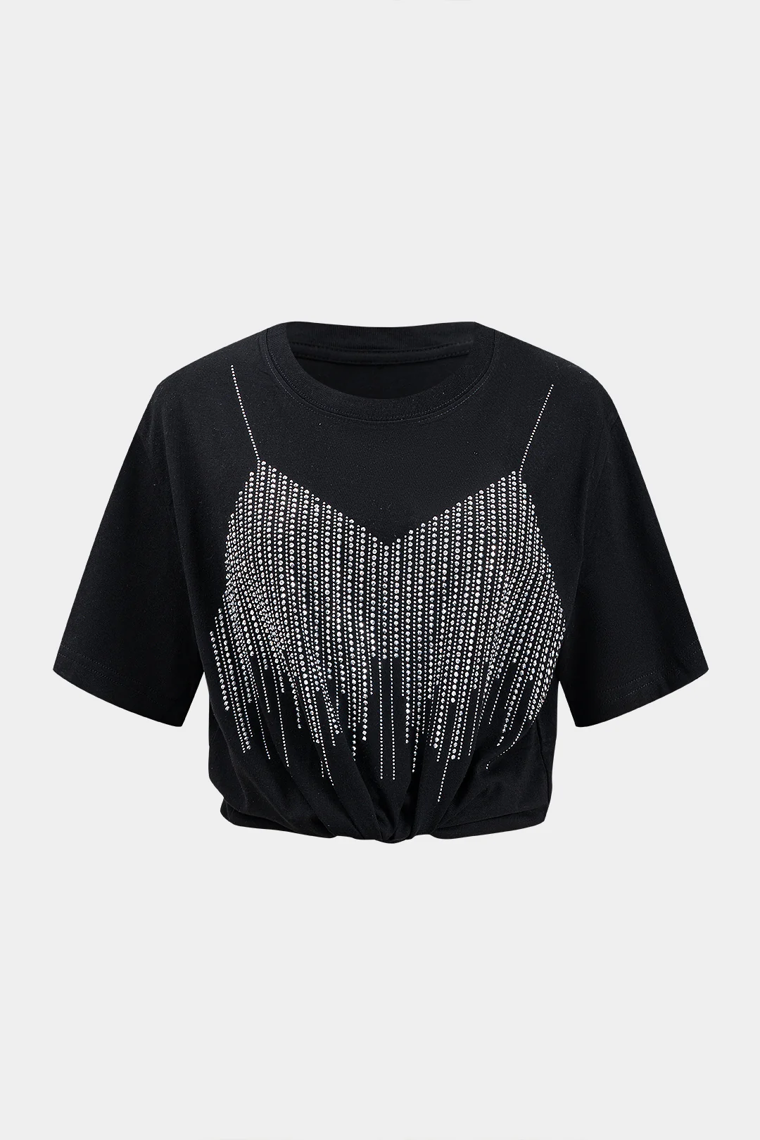 Rhinestone Decor Round Neck Short Sleeve T-Shirt - Weenar