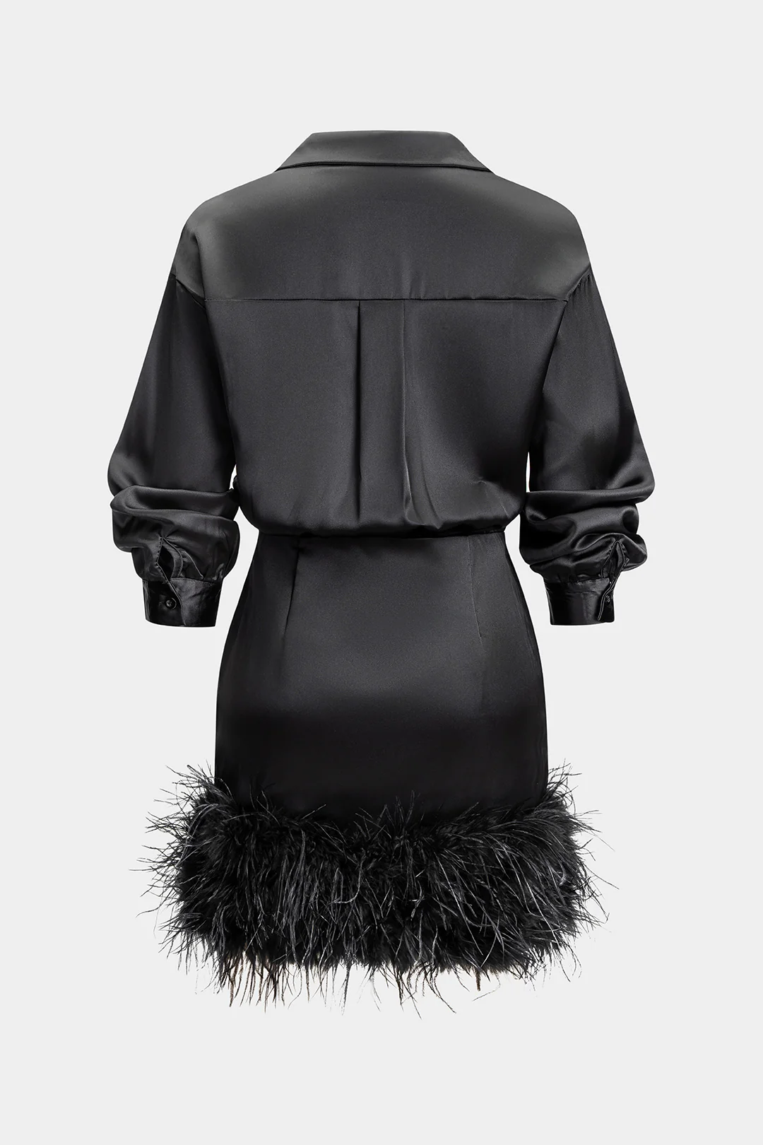 Satin Patchwork Feather Trim Long Sleeve Midi Dress - Weenar