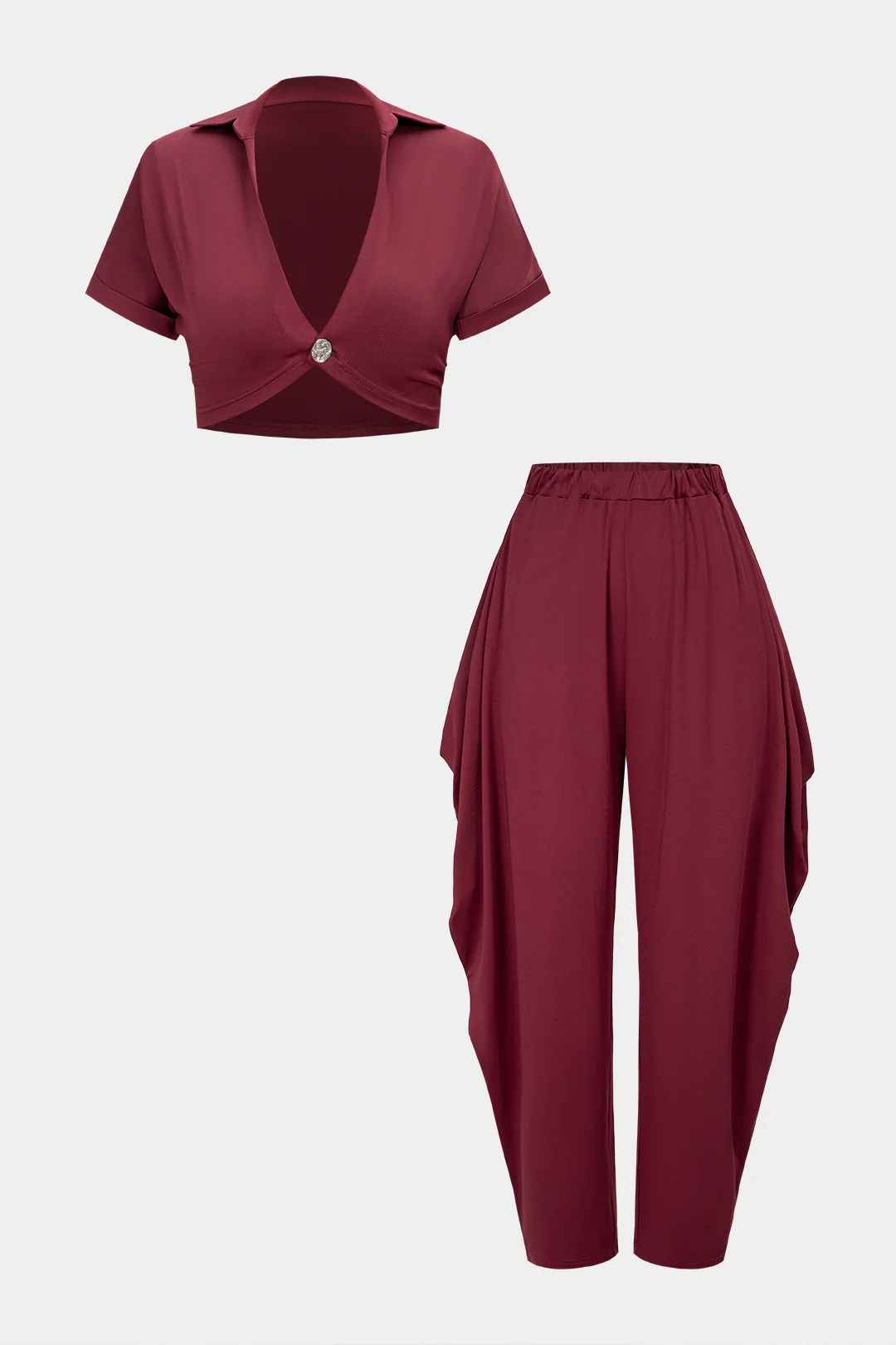V-Neck Cropped Short-Sleeve Top And Ruched Lantern Pants Set - Weenar
