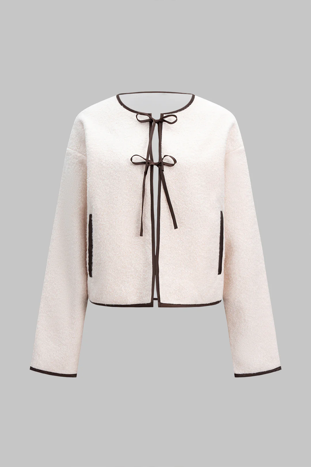 Round Neck Bow Tie-Up Coat - Weenar