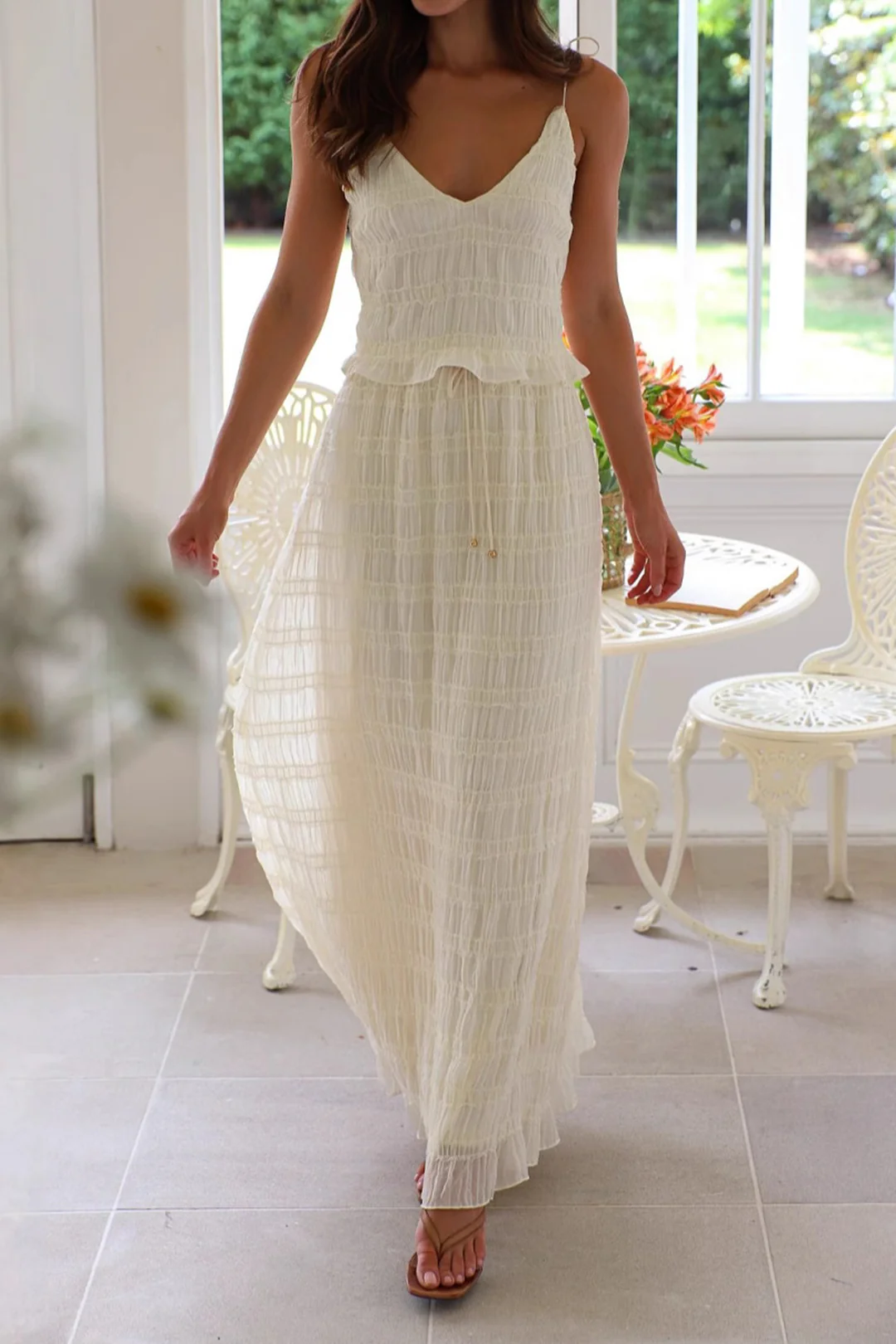Chiffon Lace Trim Ruched Cami Top And Drawstring Long Skirt Set - Weenar