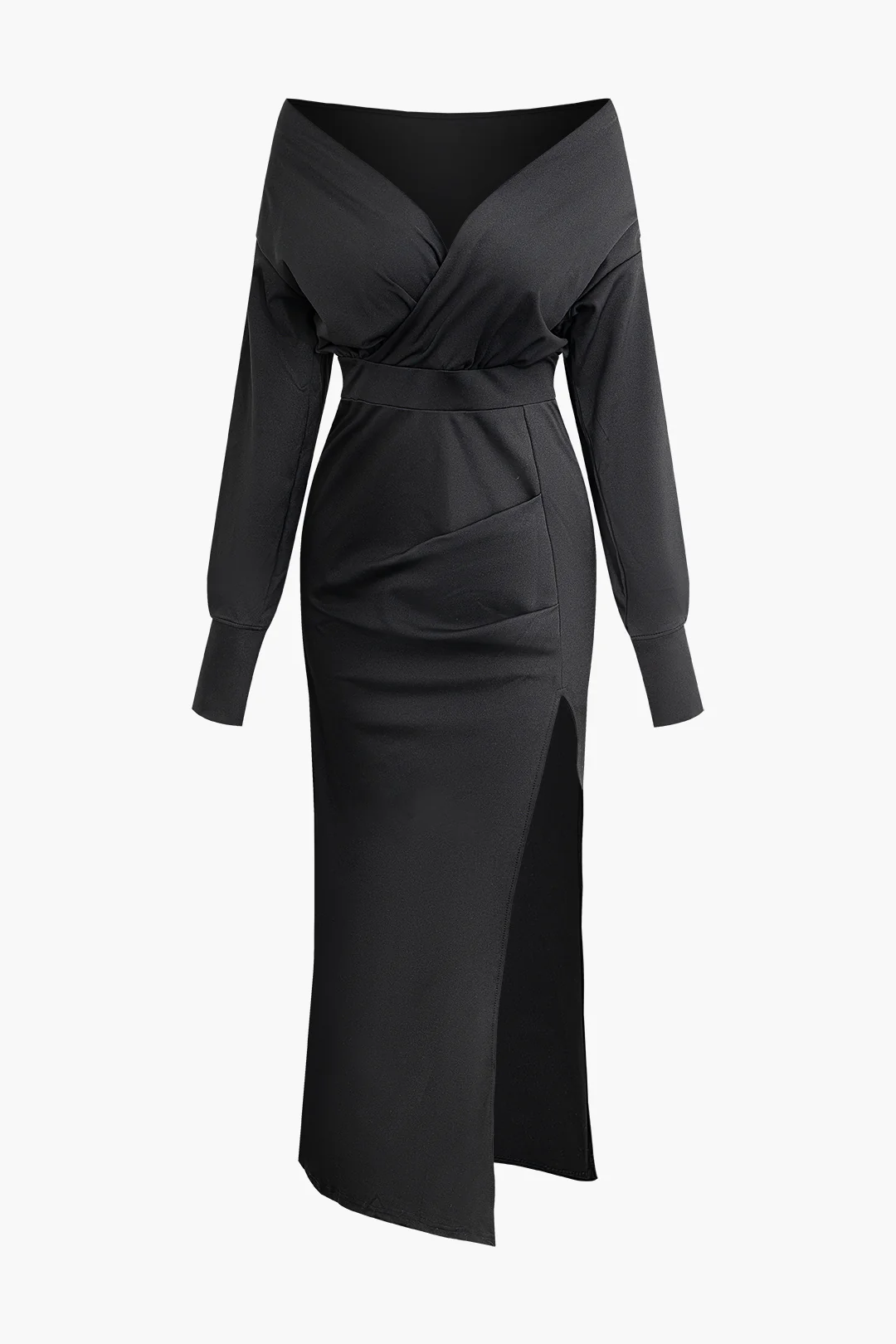 Satin Pleated V-Neck Asymmetrical Side Slit Long Sleeve Midi Dress - Weenar