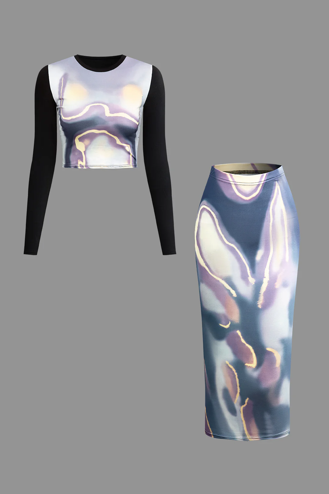 Watercolor Print Long Sleeve Round Neck Top And Long Skirt Set - Weenar