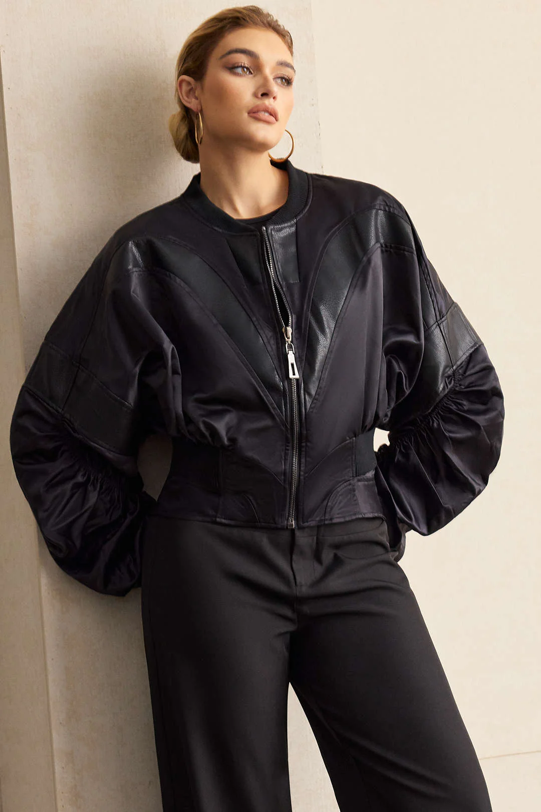 Faux Leather Patchwork Satin Zipper Jacket - Weenar