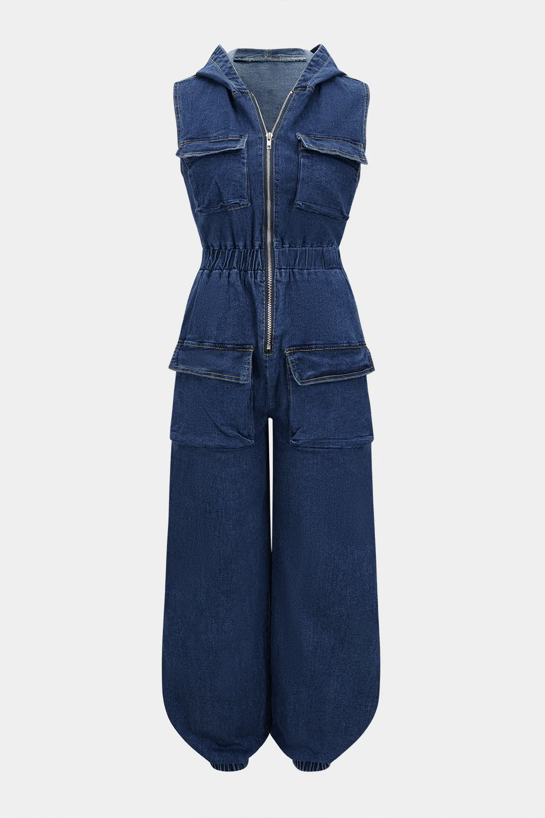 Denim Hooded Shirred Zipper Pocket Sleeveless Jumpsuit - Weenar