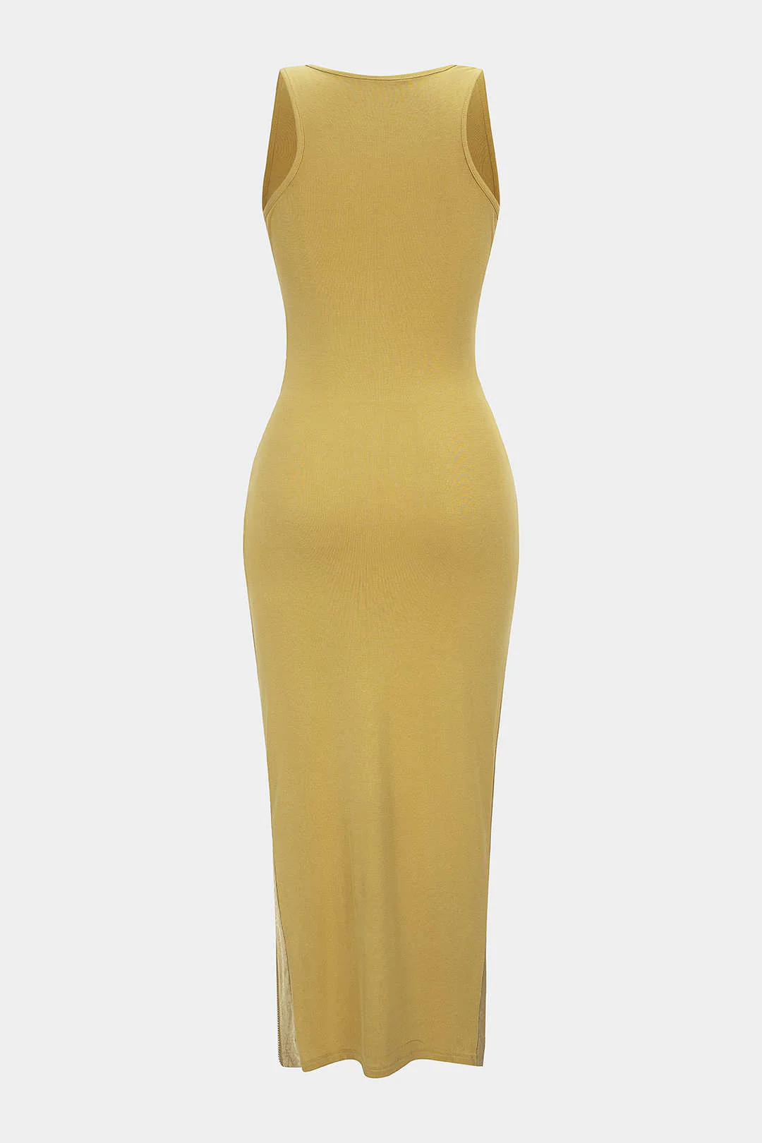 Patchwork Textured U-Neck Asymmetrical Ruched Zipper Slit Sleeveless Maxi Dress - Weenar