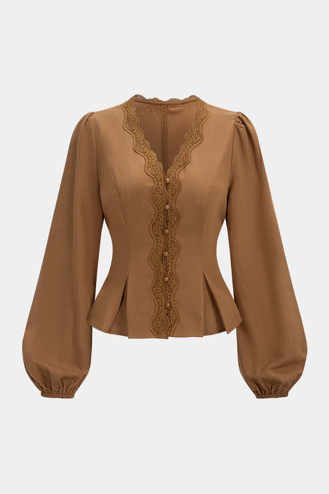 Lace Trim V-Neck Tie-Back Long-Sleeve Shirt - Weenar