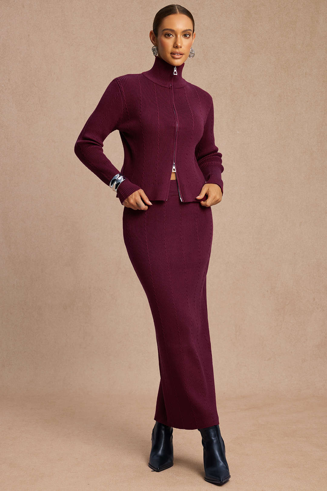 Knit Zipper Long-Sleeve Top And Skirt Set - Weenar